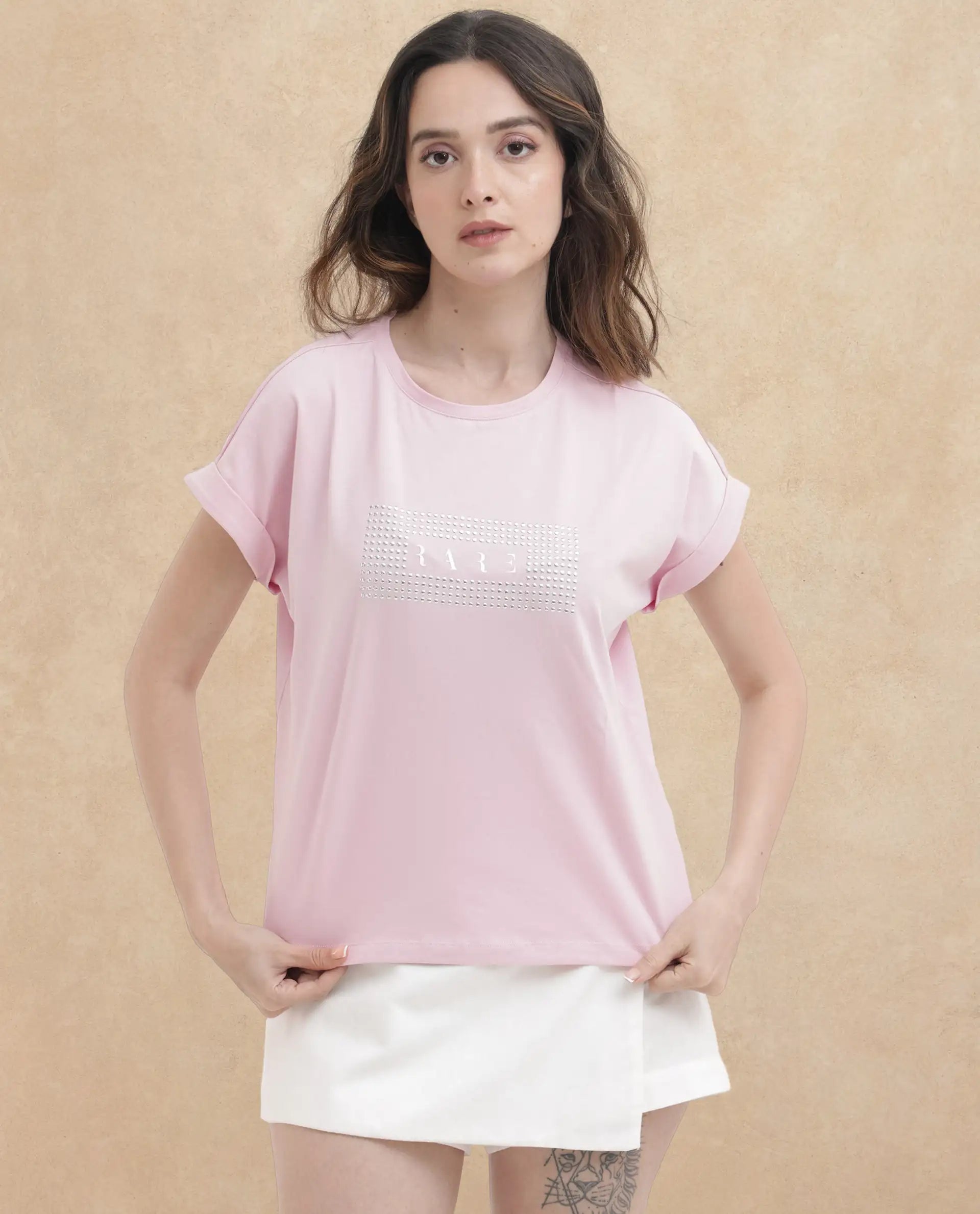 Rareism Women's Hoet Pink Cotton Blend Crew Neck Graphic Print Extended Sleeves Regular Fit T-Shirt