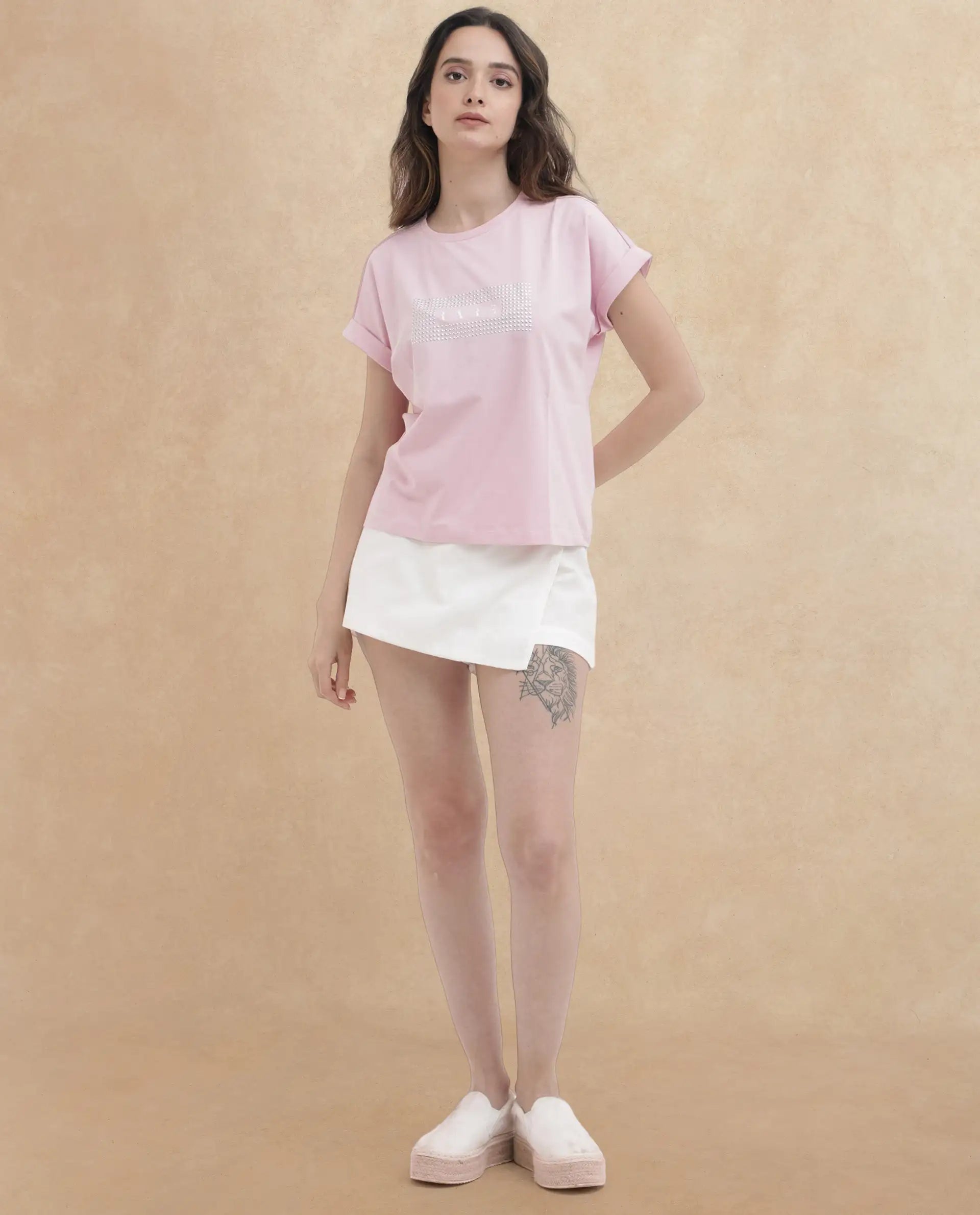 Rareism Women's Hoet Pink Cotton Blend Crew Neck Graphic Print Extended Sleeves Regular Fit T-Shirt