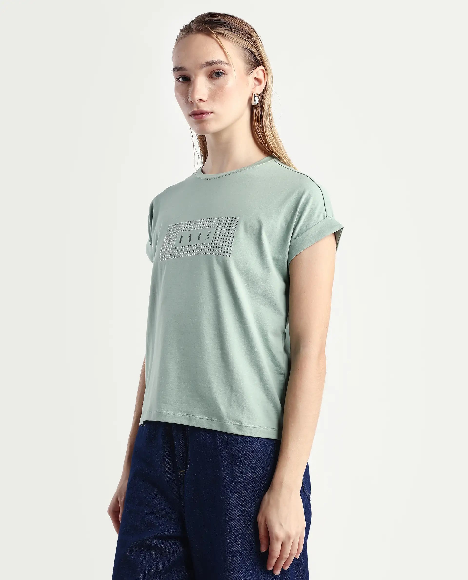 Rareism Women's Hoet Green Cotton Blend Crew Neck Graphic Print Extended Sleeves Regular Fit T-Shirt