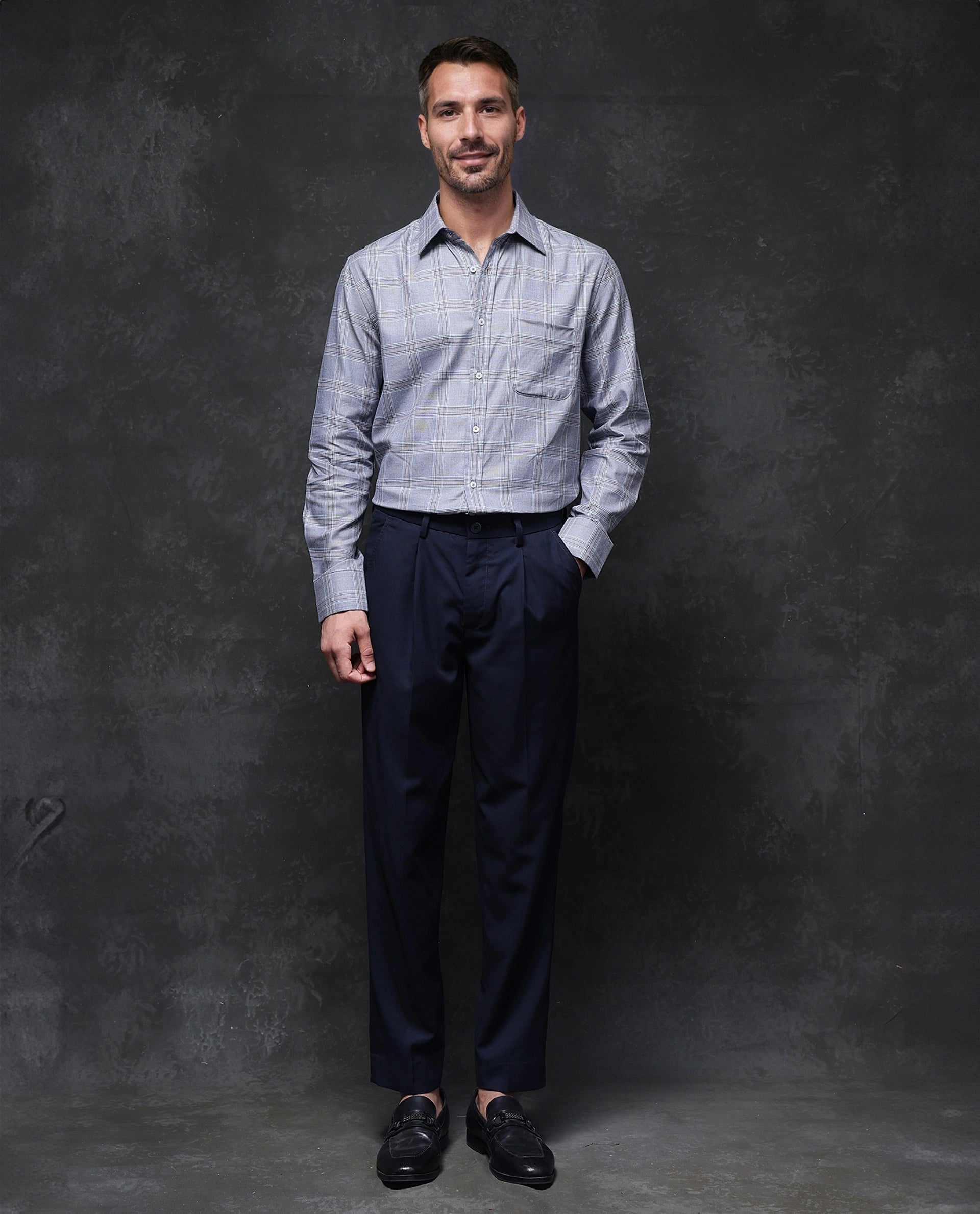 Rare Rabbit Men Hoff Navy Cotton Fabric Full Sleeve Regular Fit Button Closure Checks Shirt