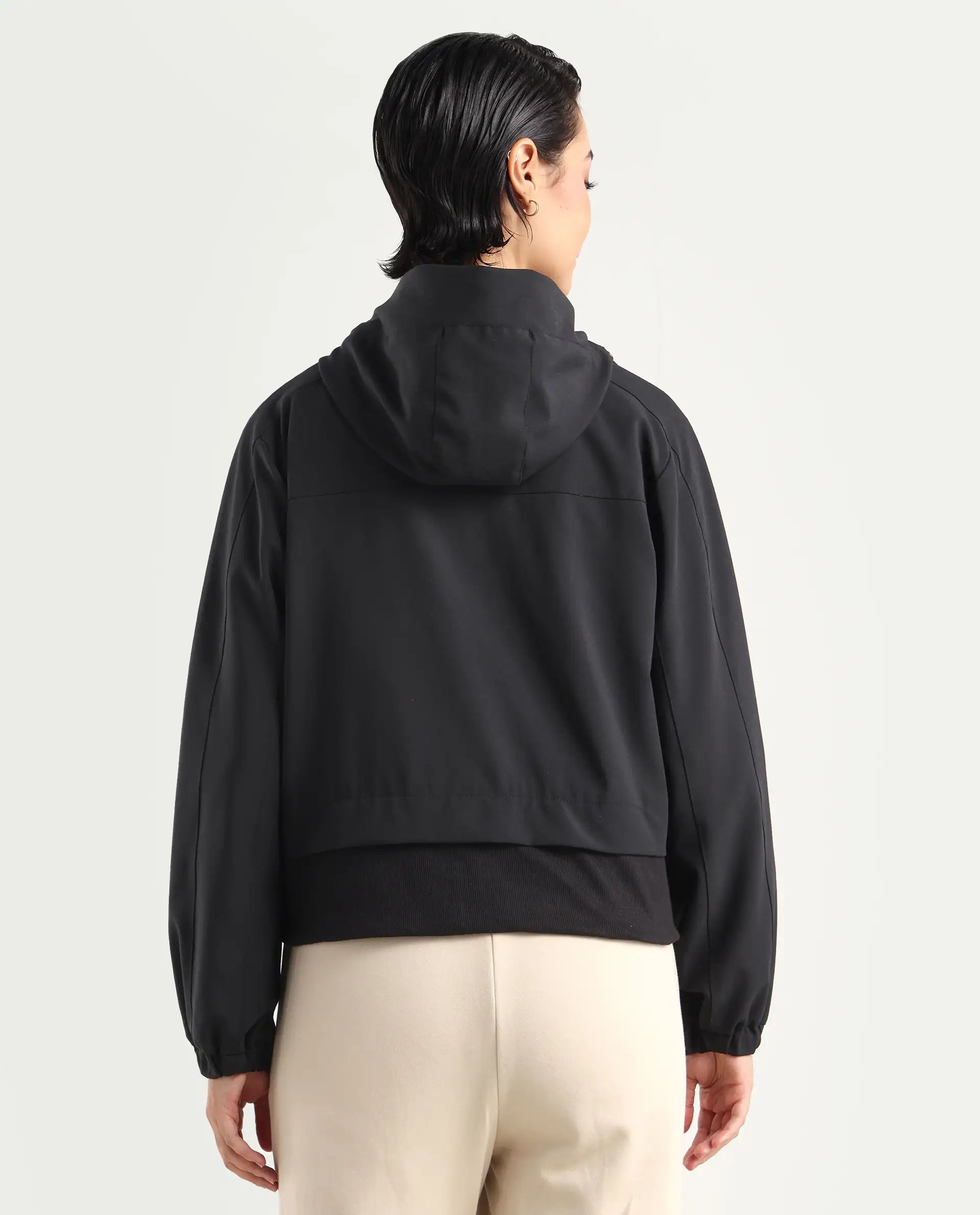 Rareism Women's Hoian Black Spread Collar Plain Ribbed Sleeve Boxy Fit Jacket