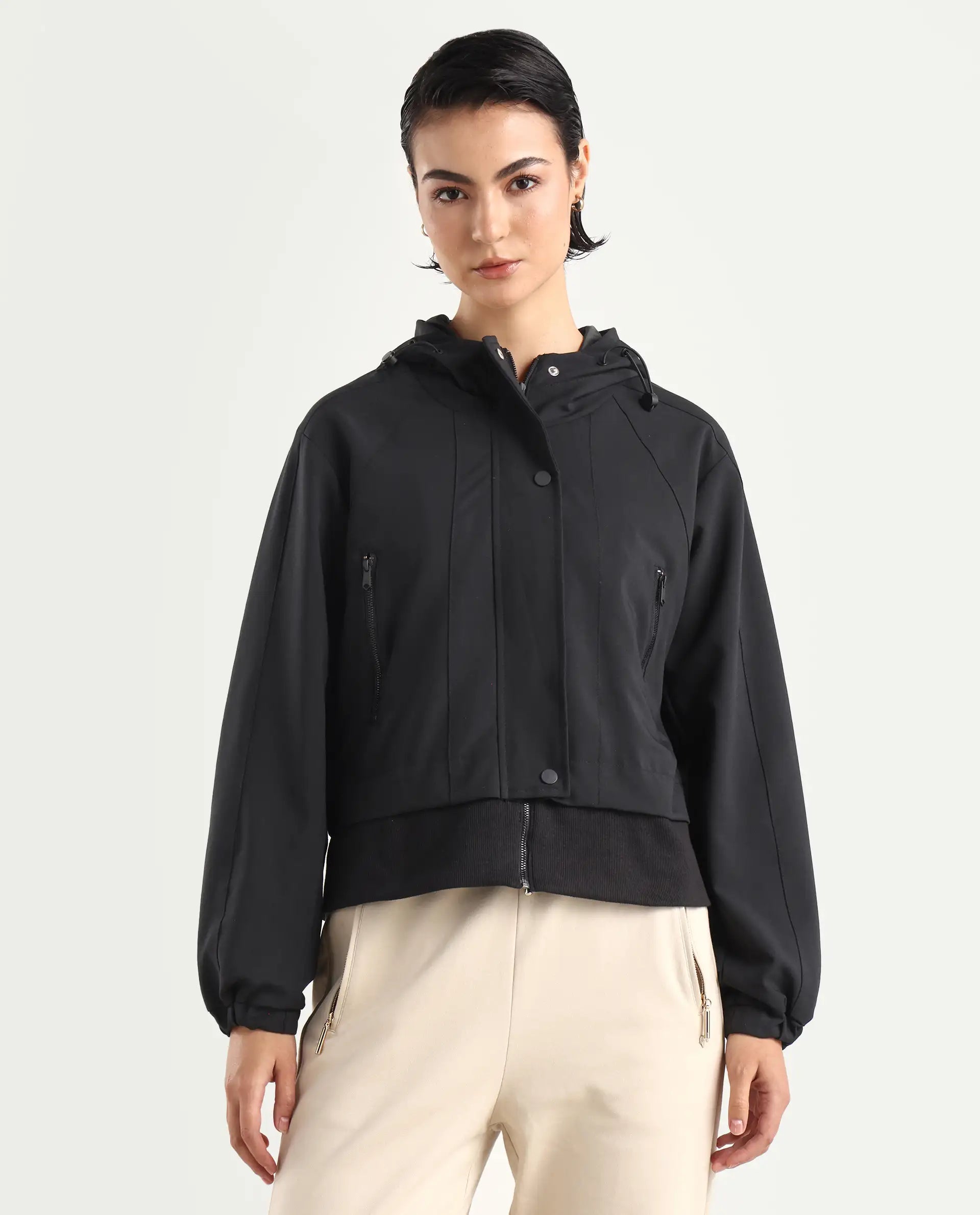 Rareism Women's Hoian Black Spread Collar Plain Ribbed Sleeve Boxy Fit Jacket