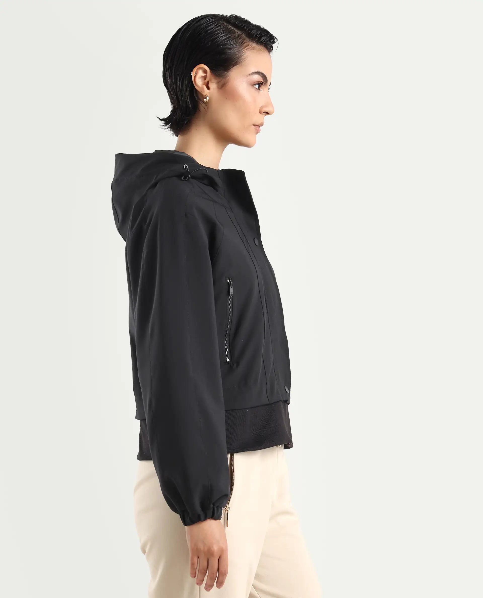 Rareism Women's Hoian Black Spread Collar Plain Ribbed Sleeve Boxy Fit Jacket