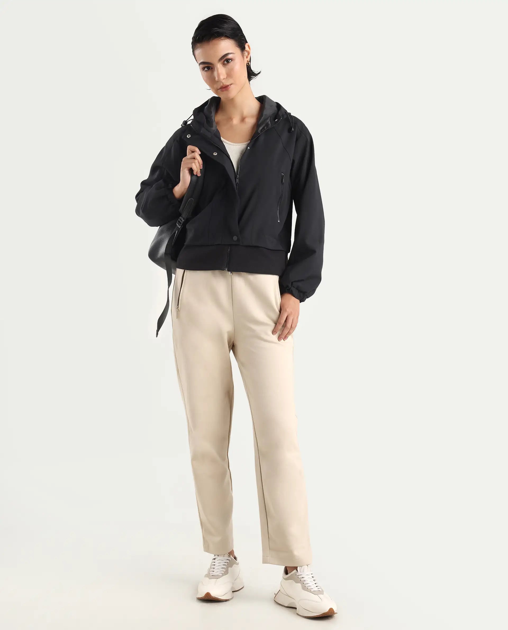 Rareism Women's Hoian Black Spread Collar Plain Ribbed Sleeve Boxy Fit Jacket