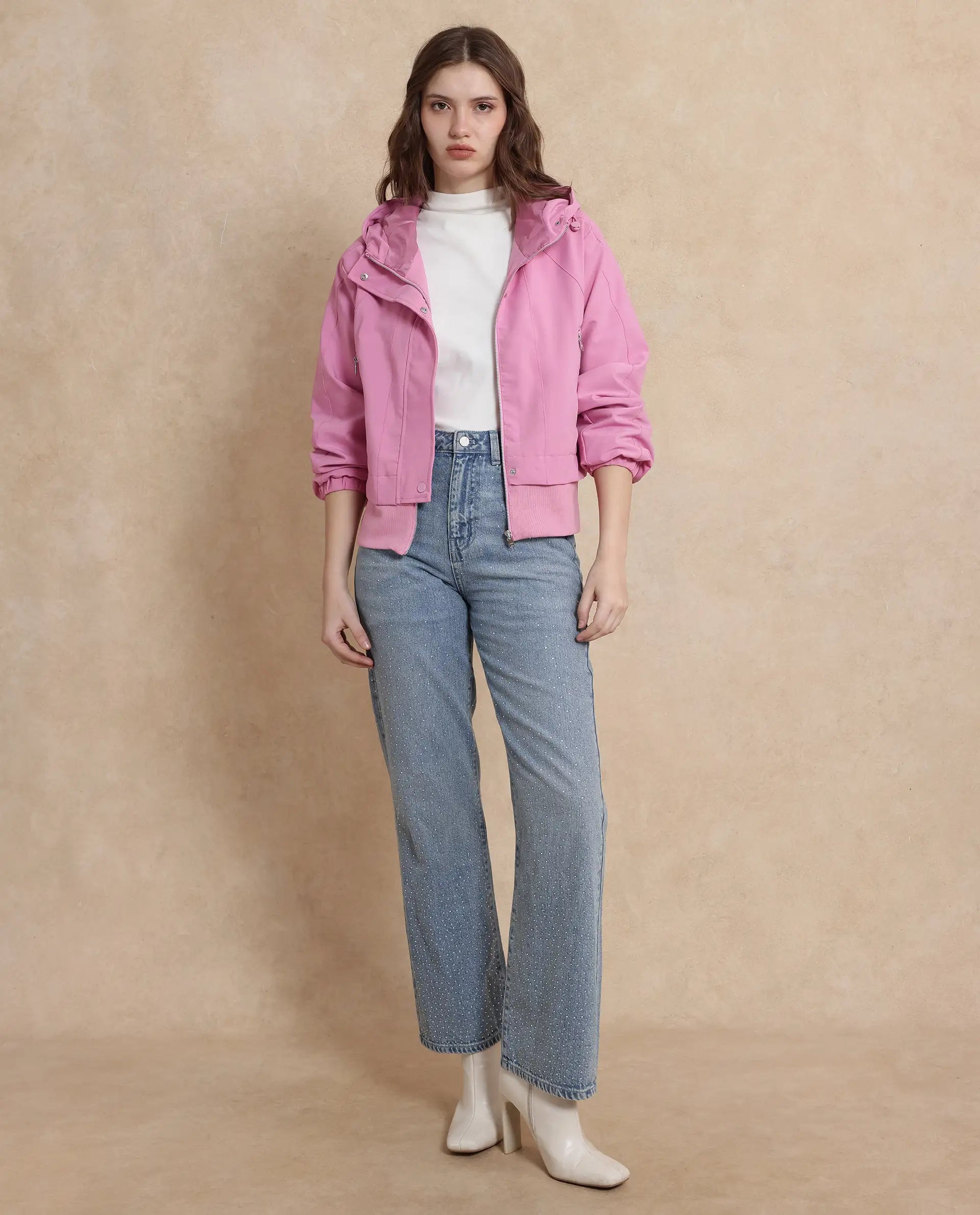 Rareism Women Hoian Dusky Pink Ribbed Sleeve Stand Collar Zipper Closure Boxy Fit Plain Jacket