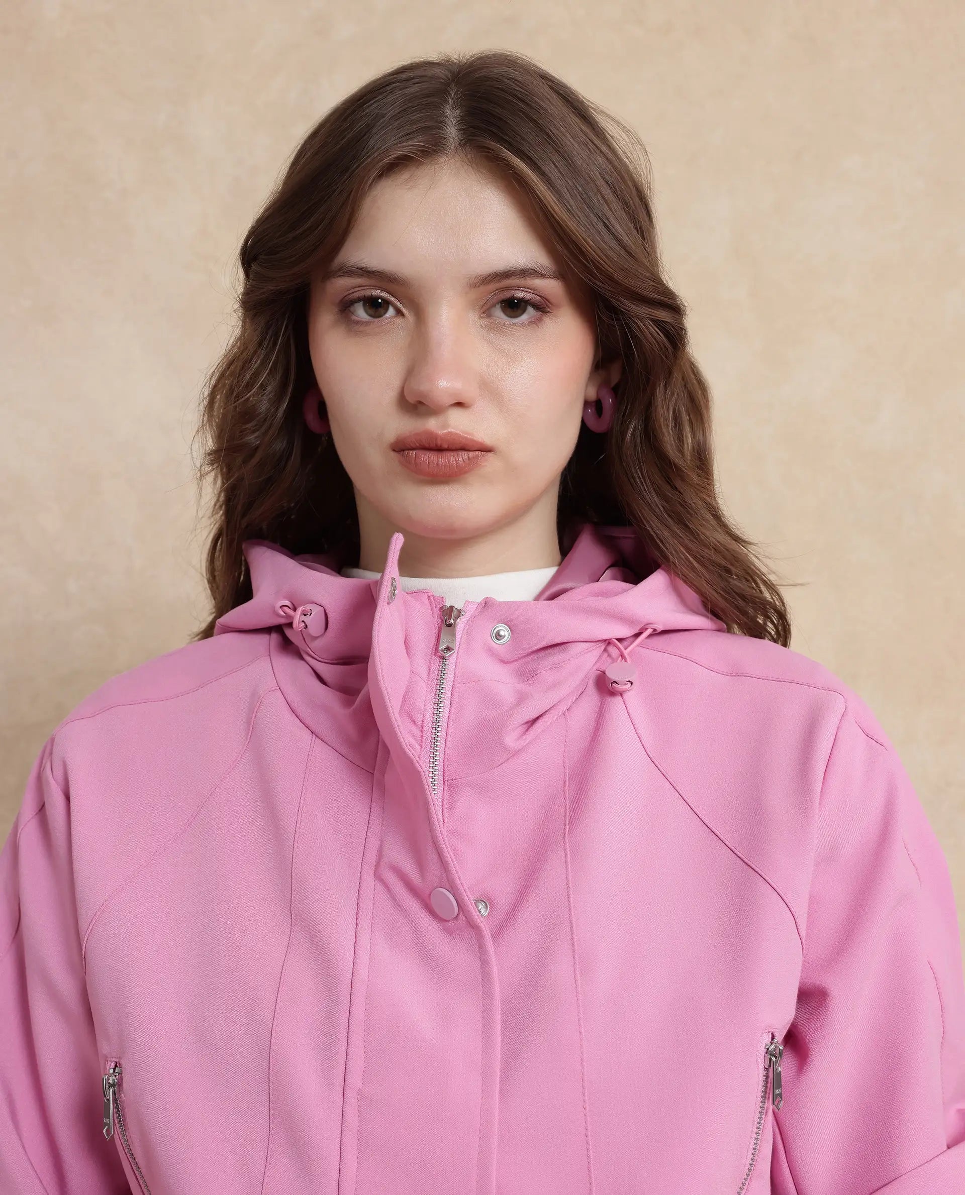 Rareism Women Hoian Dusky Pink Ribbed Sleeve Stand Collar Zipper Closure Boxy Fit Plain Jacket