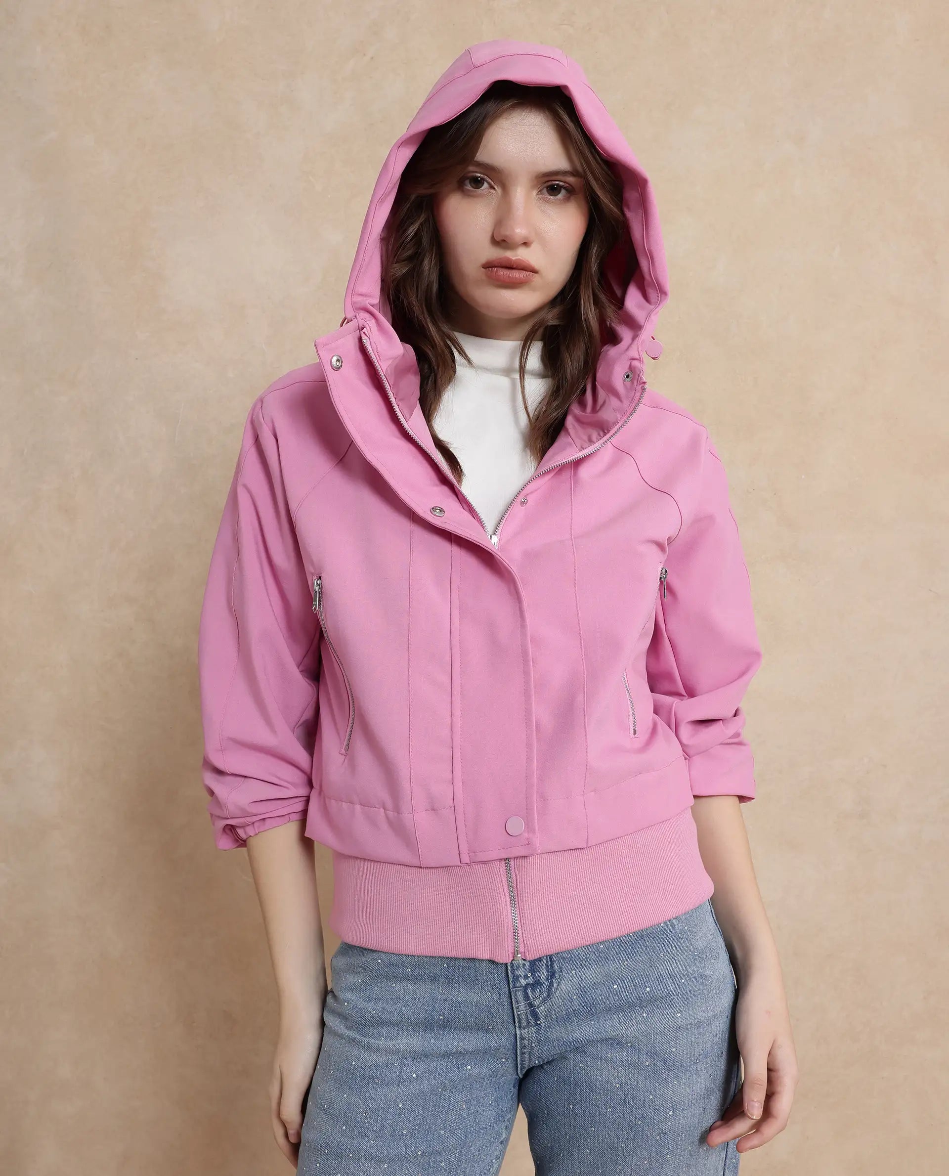 Rareism Women Hoian Dusky Pink Ribbed Sleeve Stand Collar Zipper Closure Boxy Fit Plain Jacket
