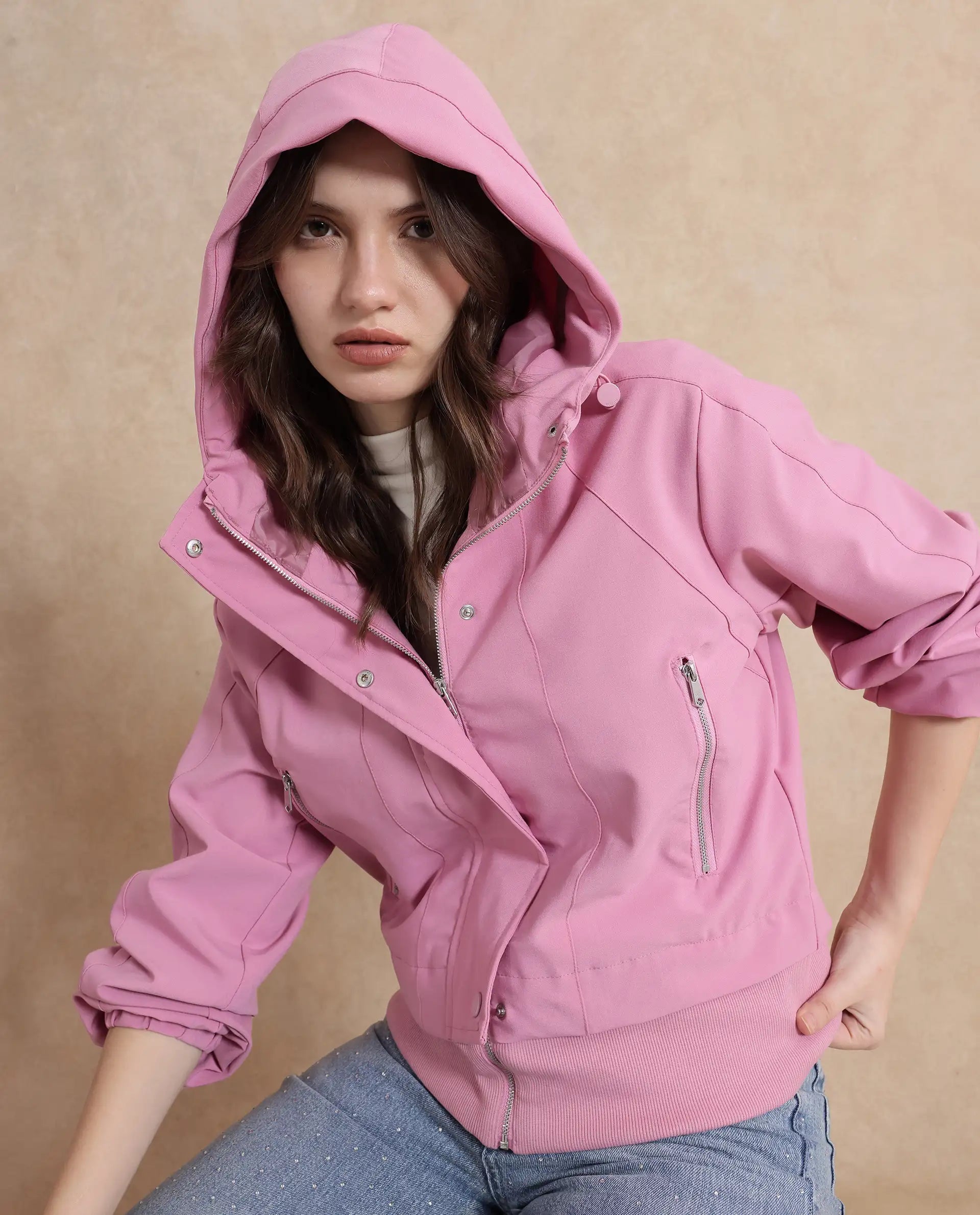 Rareism Women Hoian Dusky Pink Ribbed Sleeve Stand Collar Zipper Closure Boxy Fit Plain Jacket