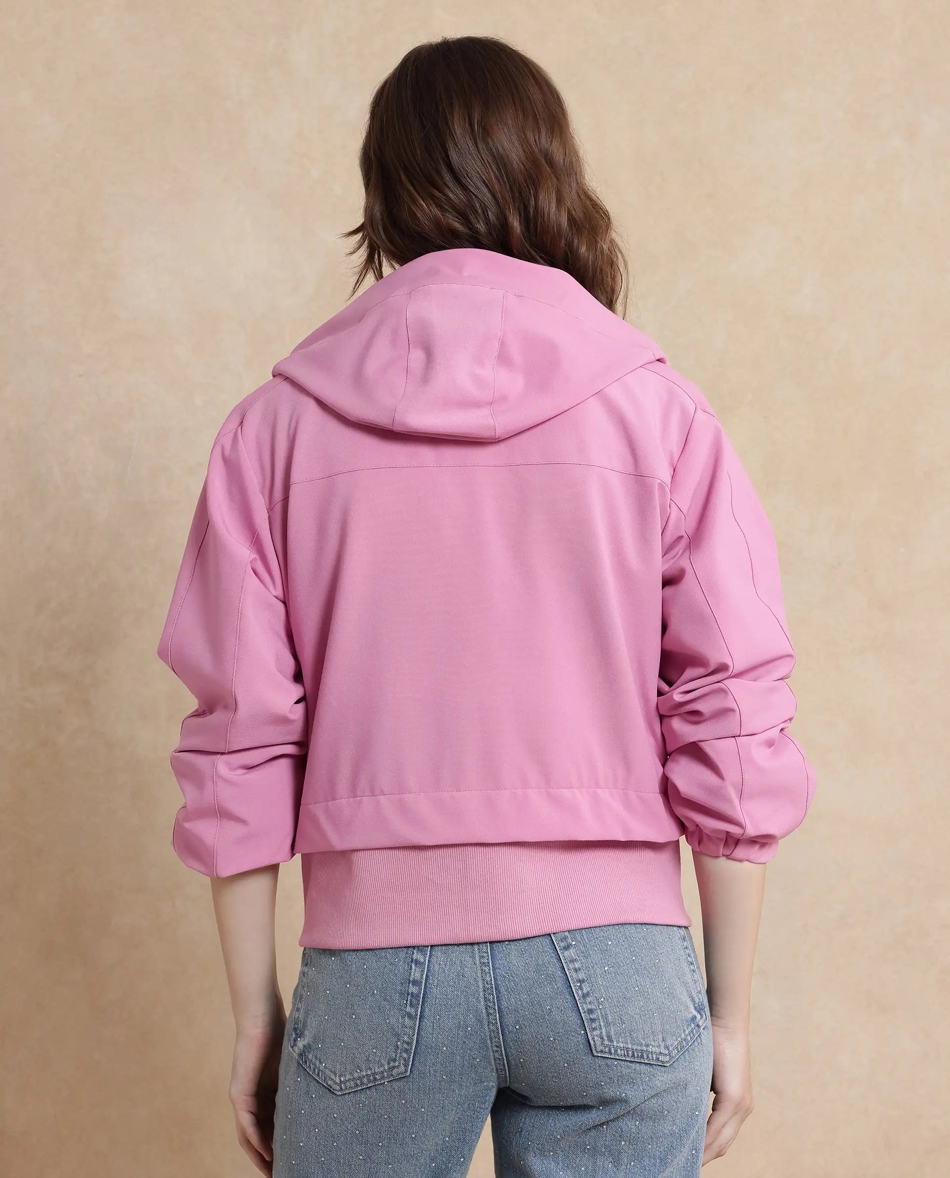 Rareism Women Hoian Dusky Pink Ribbed Sleeve Stand Collar Zipper Closure Boxy Fit Plain Jacket