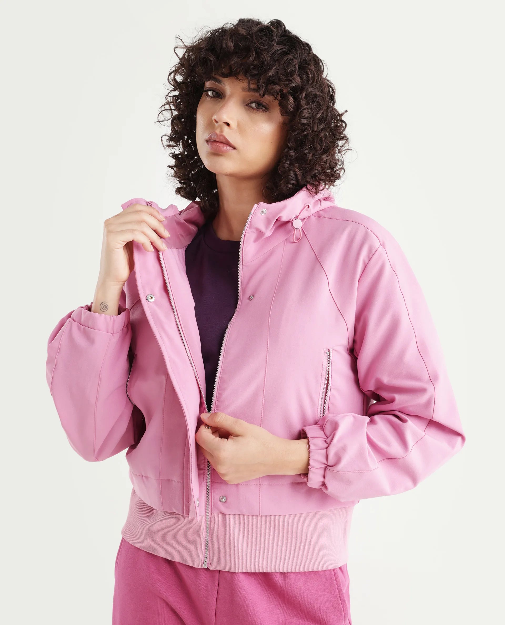 Rareism Women's Hoian Dusky Pink Cotton Stand Collar Plain Ribbed Sleeve Boxy Fit Jacket