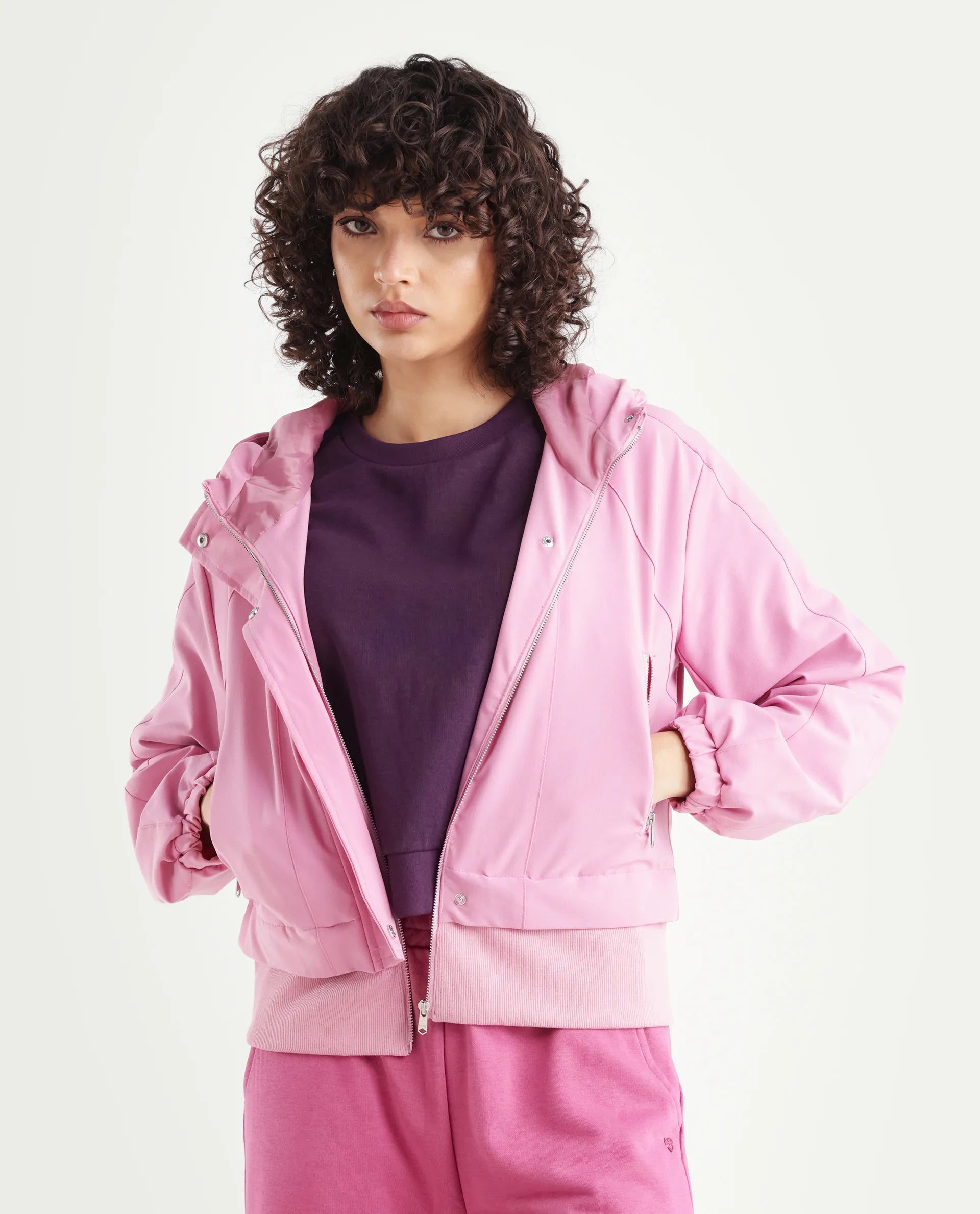 Rareism Women's Hoian Dusky Pink Cotton Stand Collar Plain Ribbed Sleeve Boxy Fit Jacket