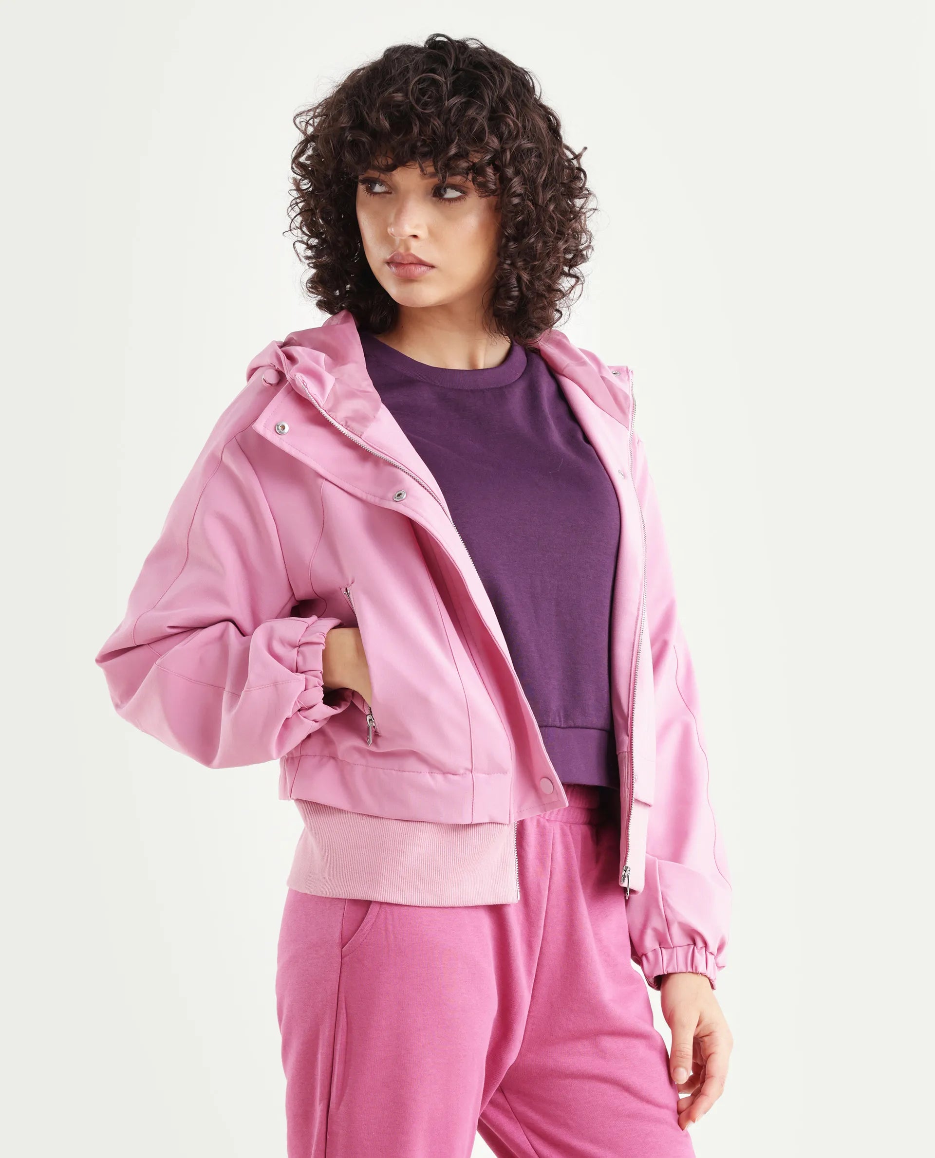 Rareism Women's Hoian Dusky Pink Cotton Stand Collar Plain Ribbed Sleeve Boxy Fit Jacket