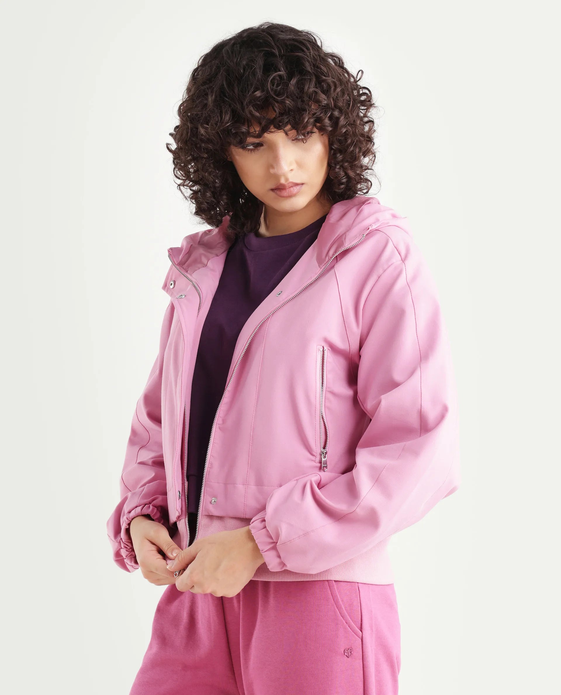 Rareism Women's Hoian Dusky Pink Cotton Stand Collar Plain Ribbed Sleeve Boxy Fit Jacket