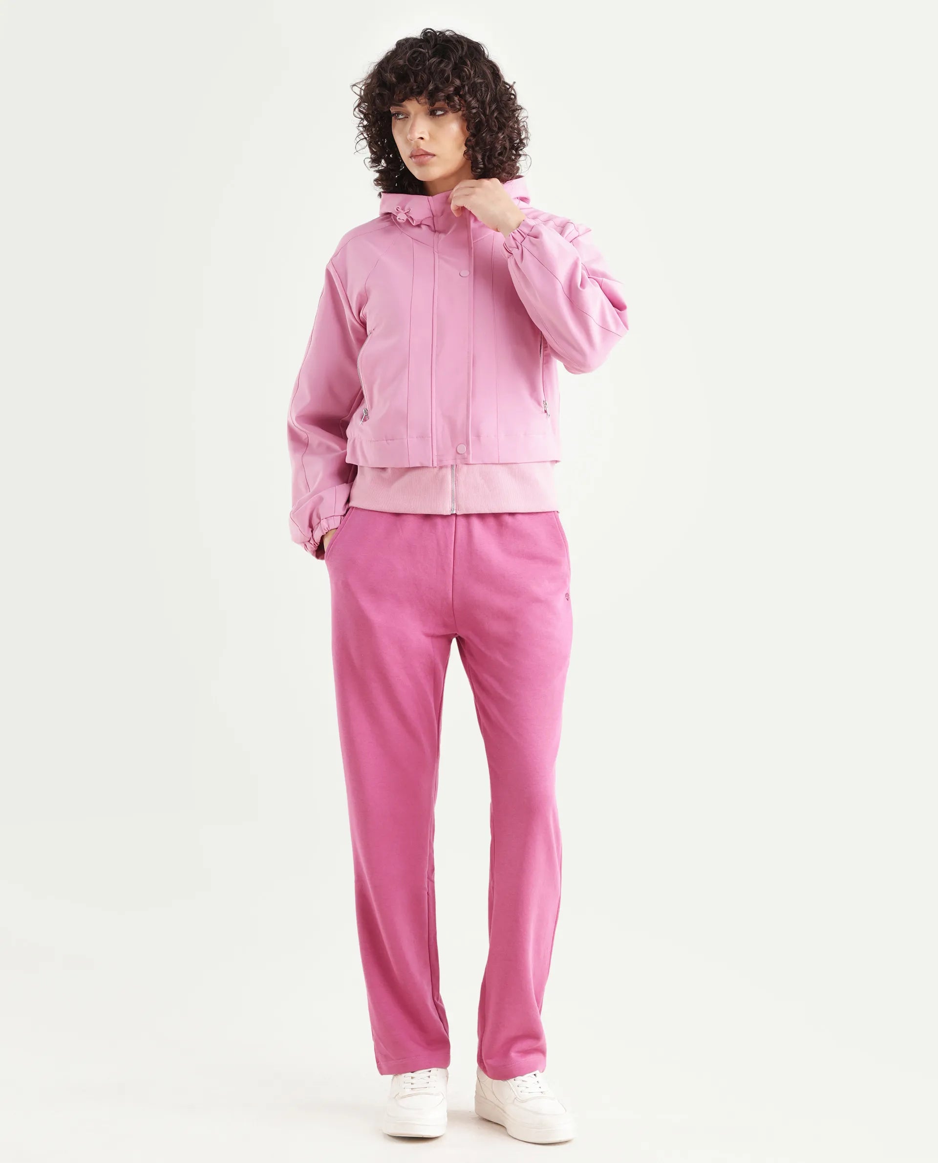 Rareism Women's Hoian Dusky Pink Cotton Stand Collar Plain Ribbed Sleeve Boxy Fit Jacket