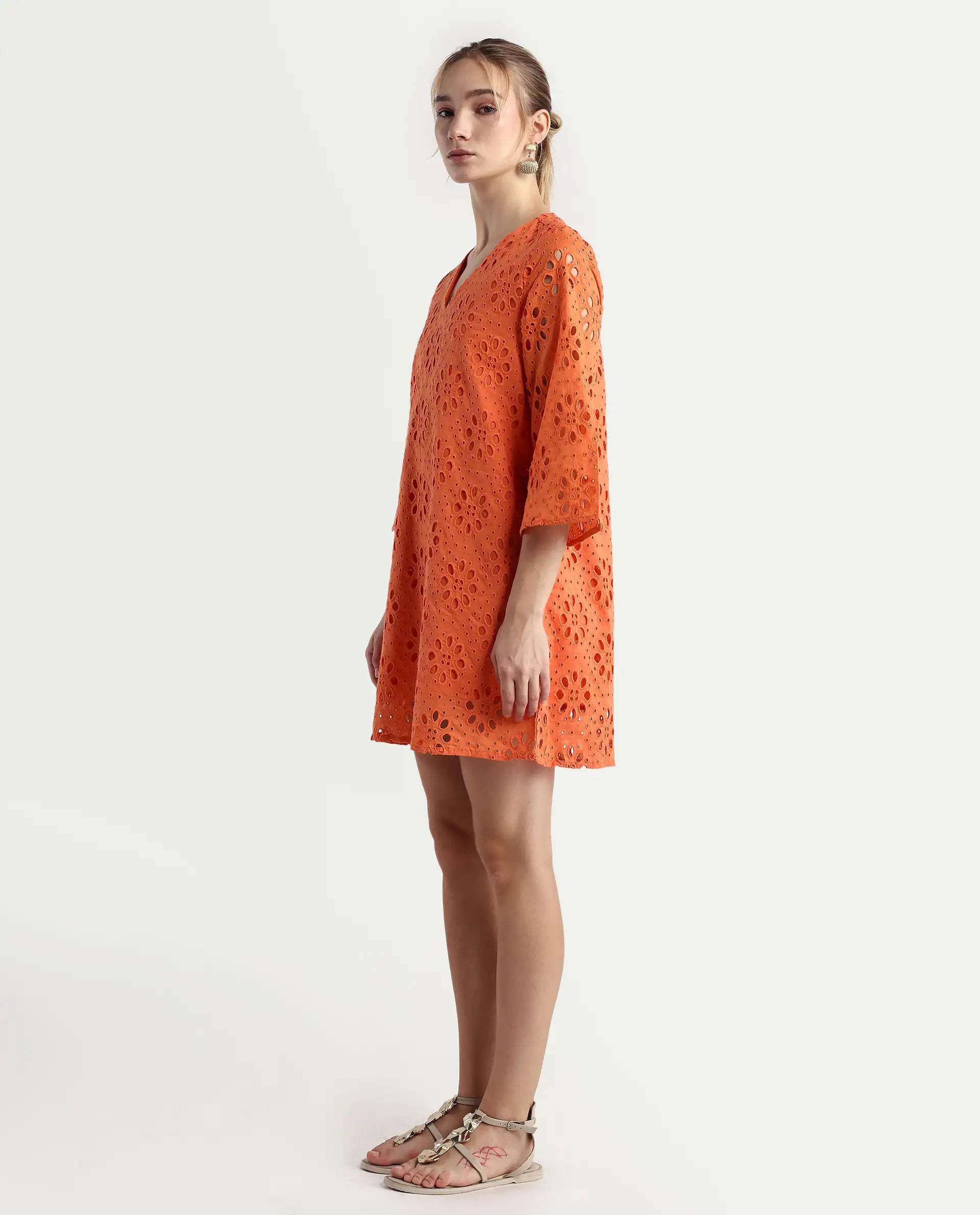 Rareism Women's Hoiter Orange Cotton V-Neck Plain Bell Sleeve Mini A-Line Dress