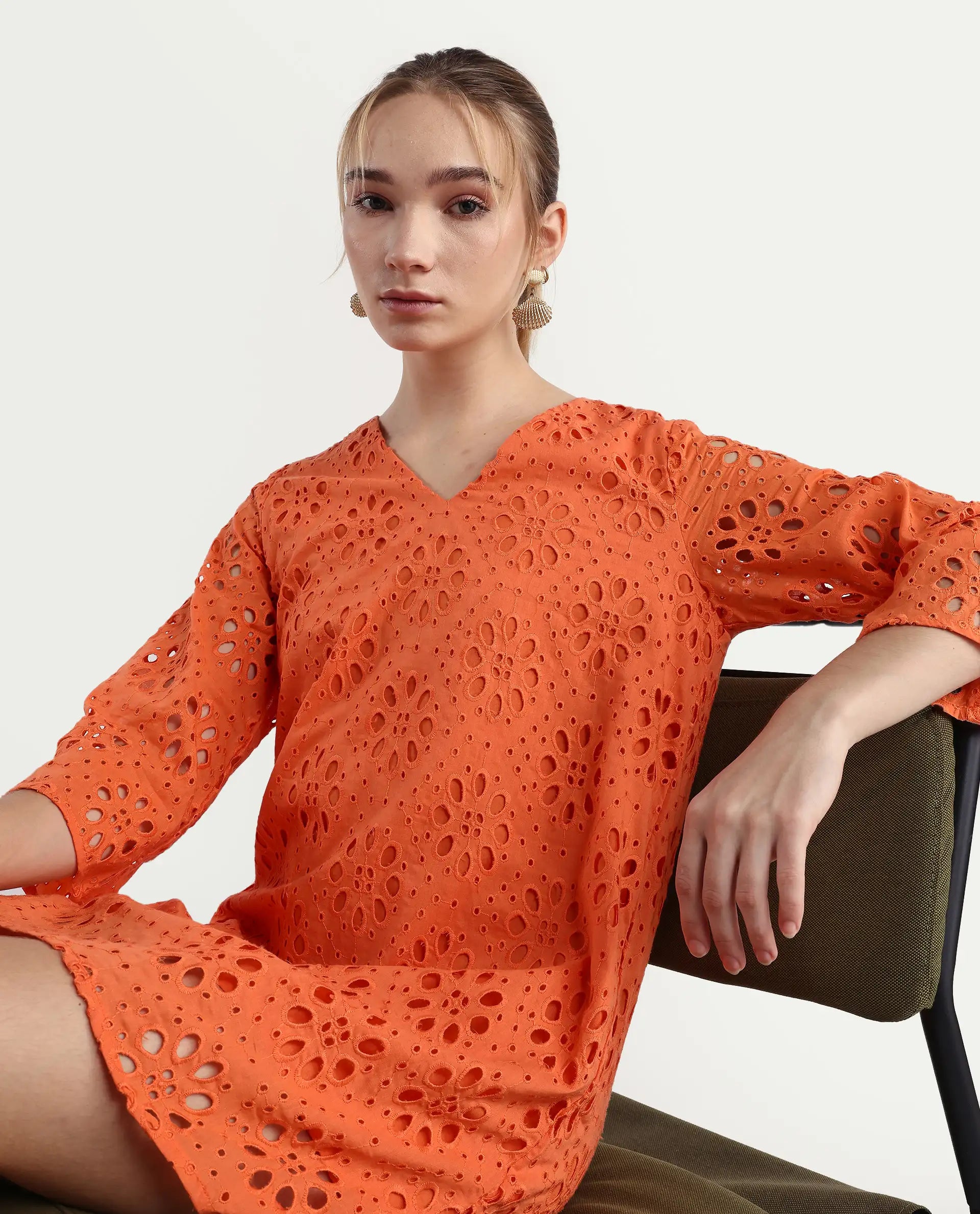 Rareism Women's Hoiter Orange Cotton V-Neck Plain Bell Sleeve Mini A-Line Dress