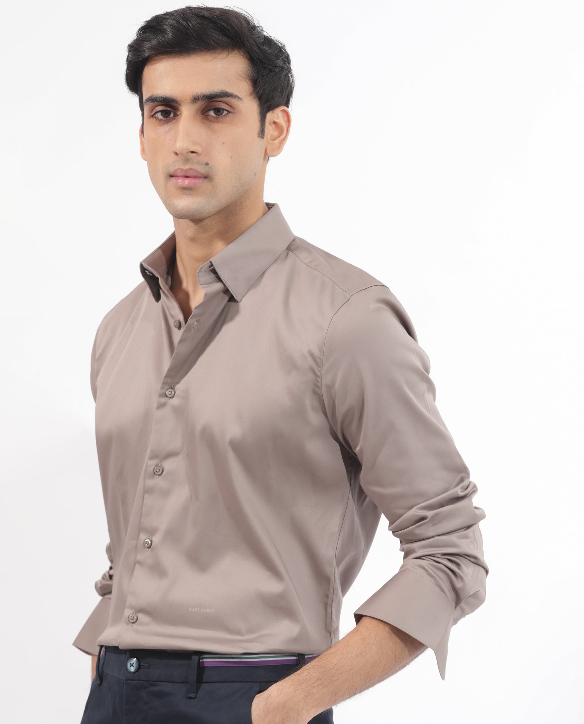 Rare Rabbit Men's Holand Beige Satin Fabric Full Sleeves Solid Shirt