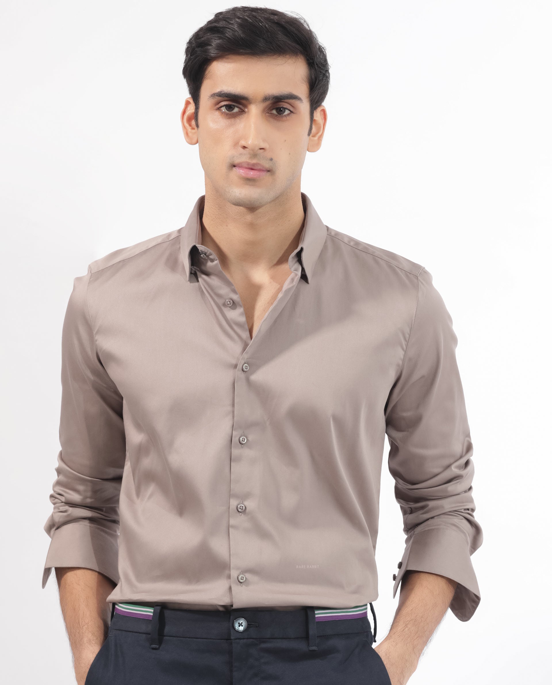 Rare Rabbit Men's Holand Beige Satin Fabric Full Sleeves Solid Shirt