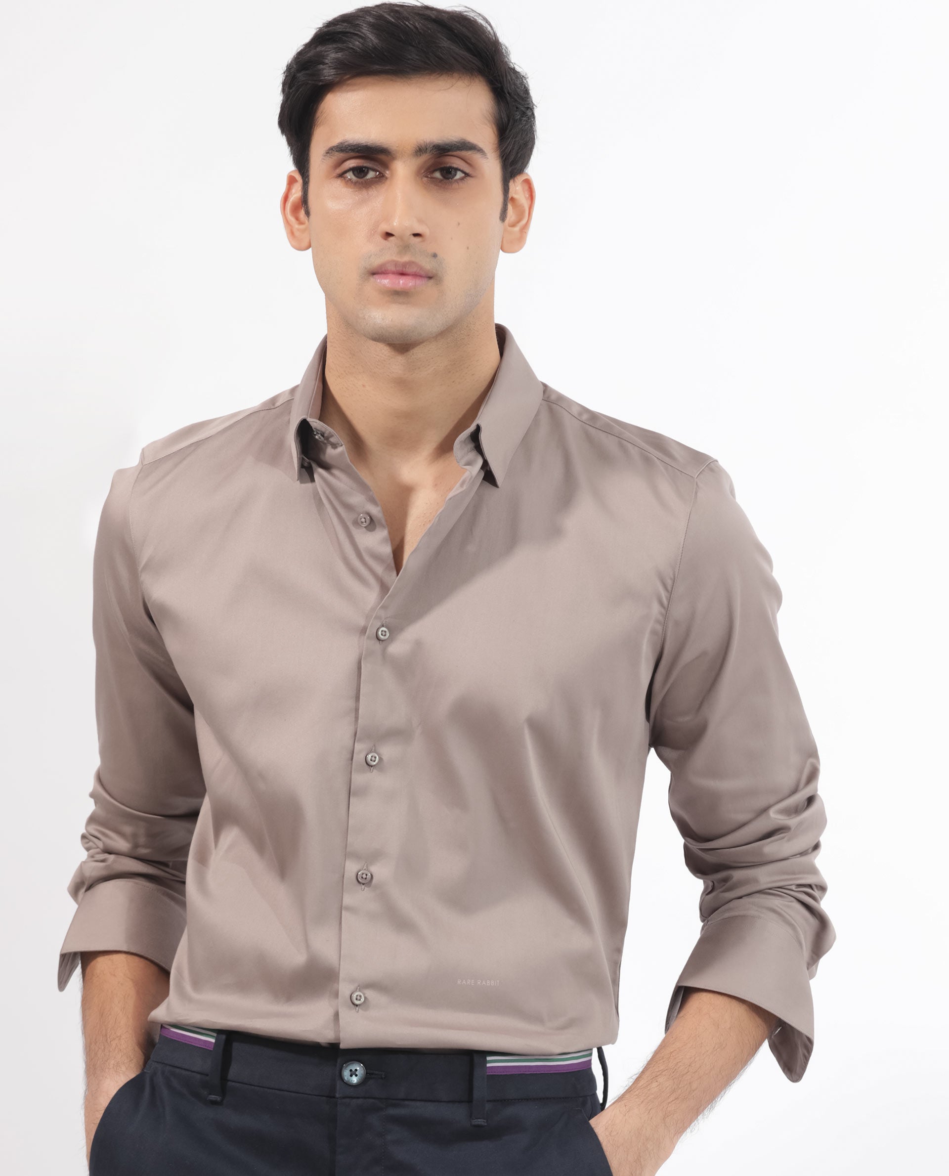 Rare Rabbit Men's Holand Beige Satin Fabric Full Sleeves Solid Shirt