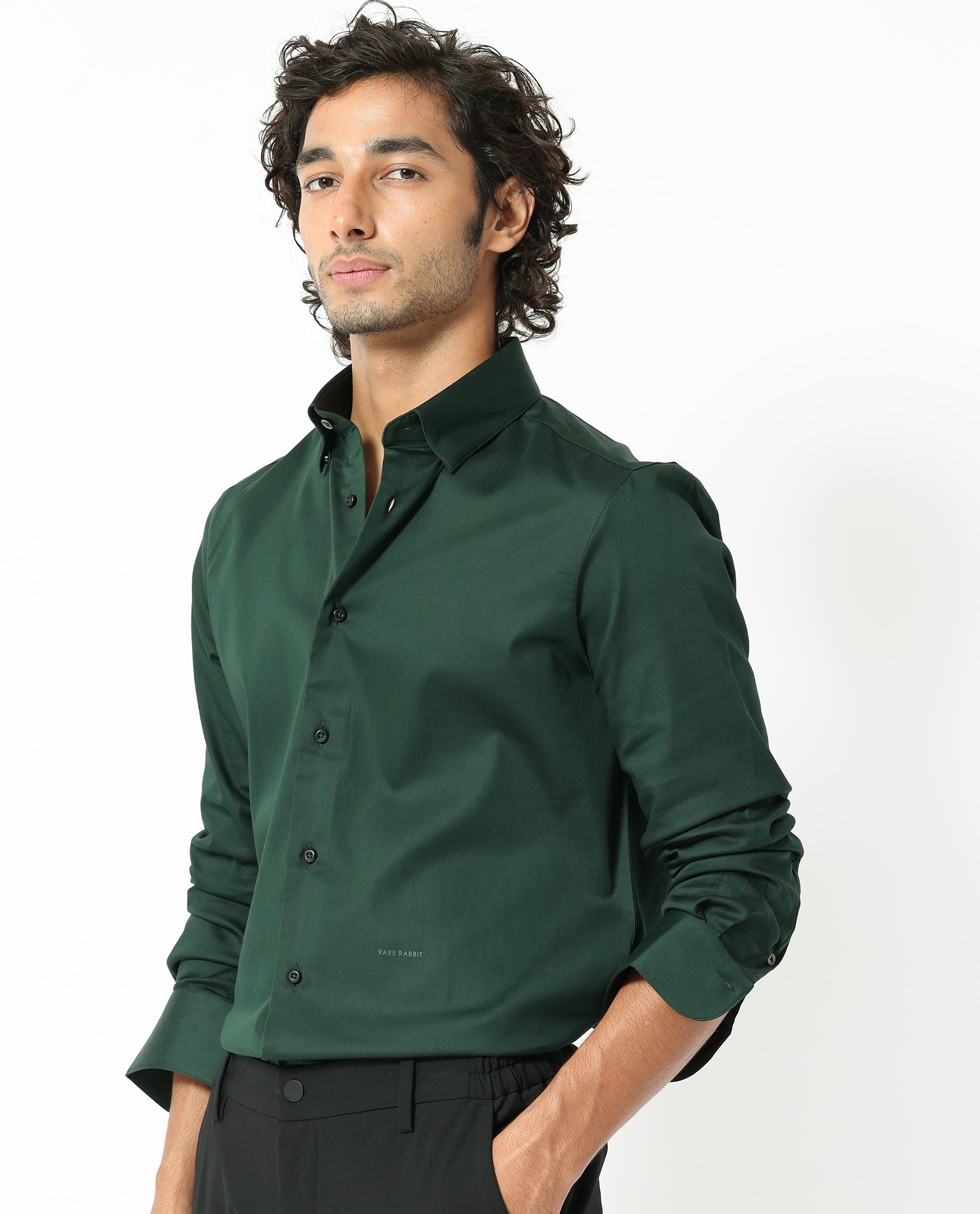 Rare Rabbit Men's Holand Dark Olive Satin Fabric Full Sleeves Solid Shirt