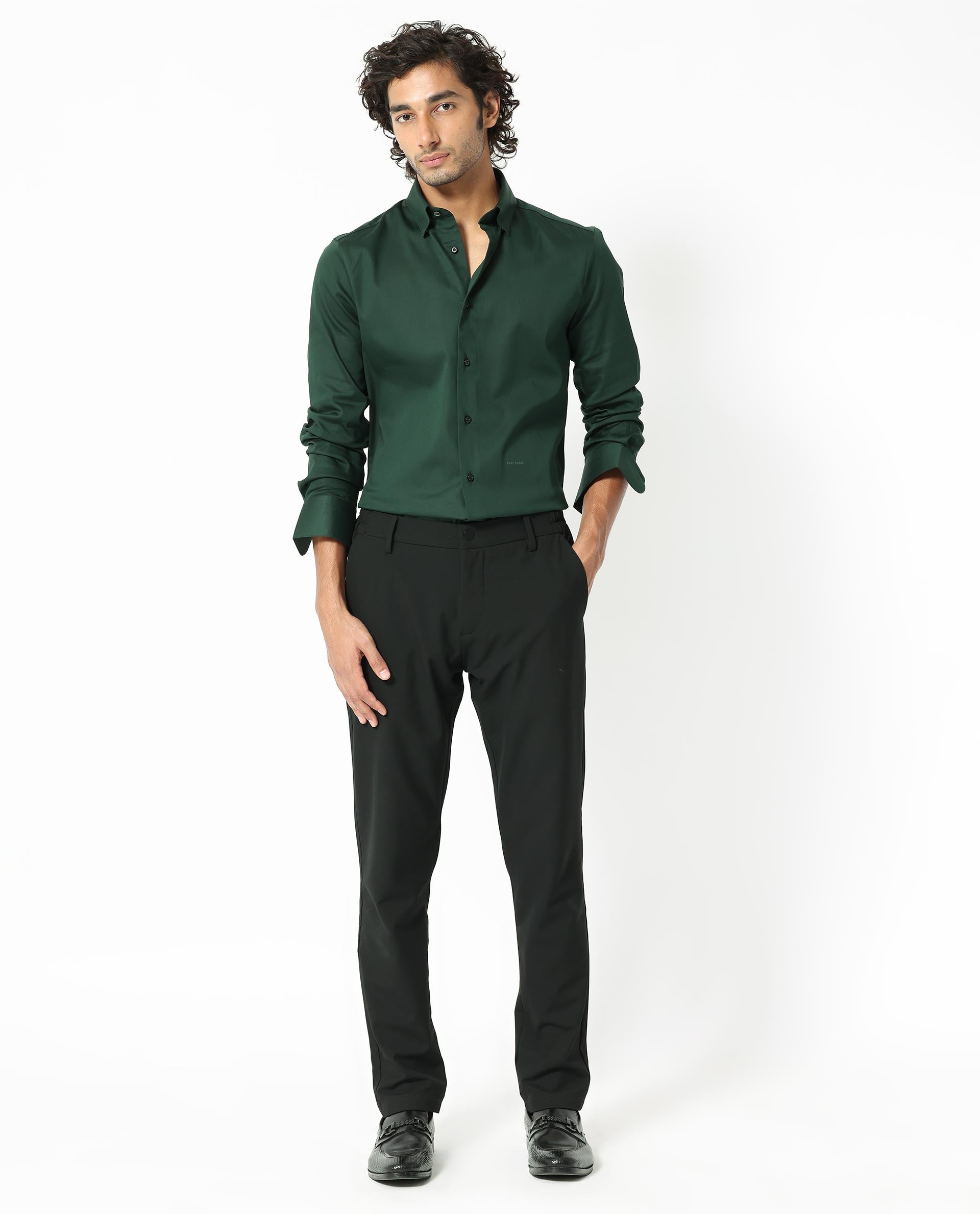 Rare Rabbit Men's Holand Dark Olive Satin Fabric Full Sleeves Solid Shirt