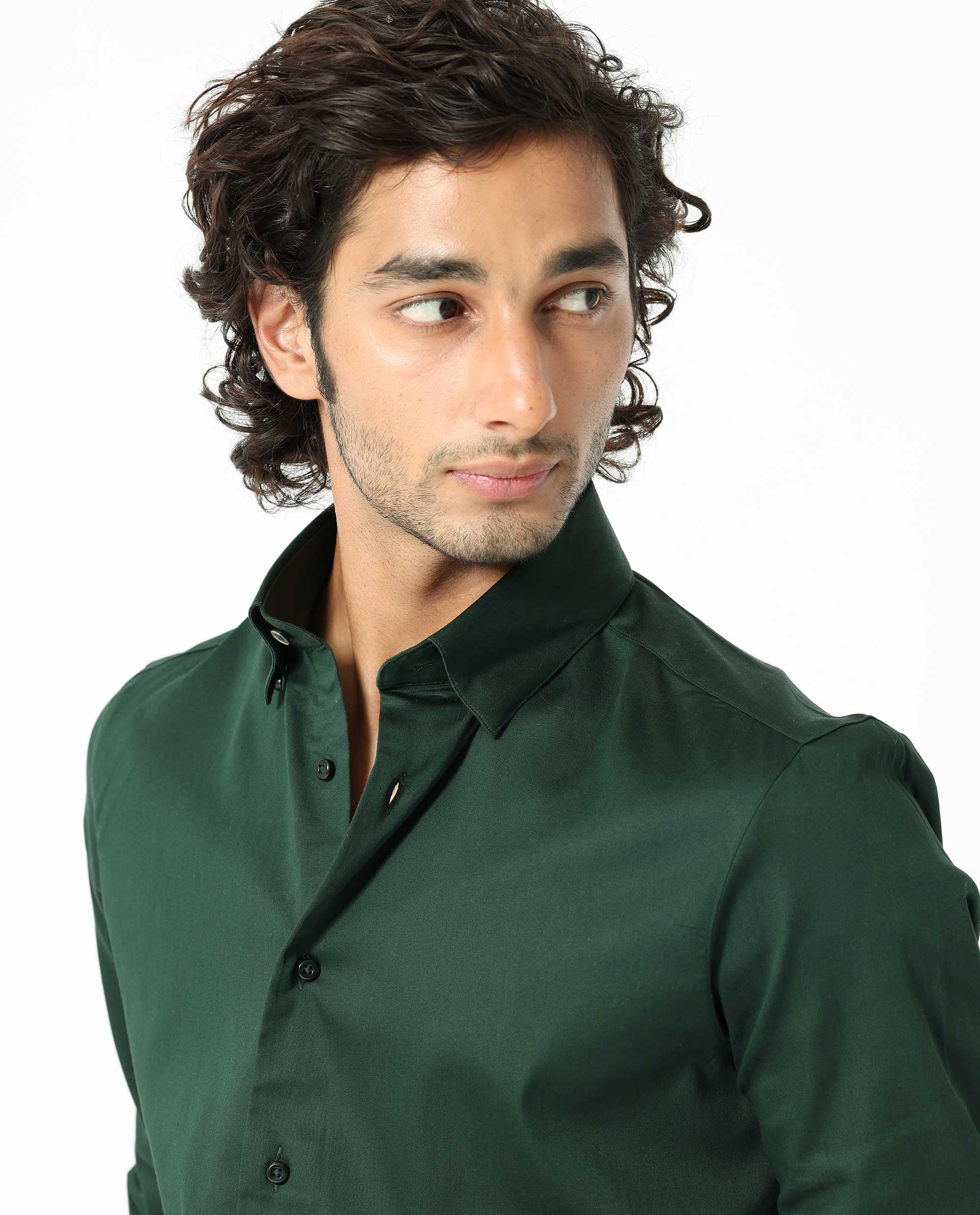 Rare Rabbit Men's Holand Dark Olive Satin Fabric Full Sleeves Solid Shirt