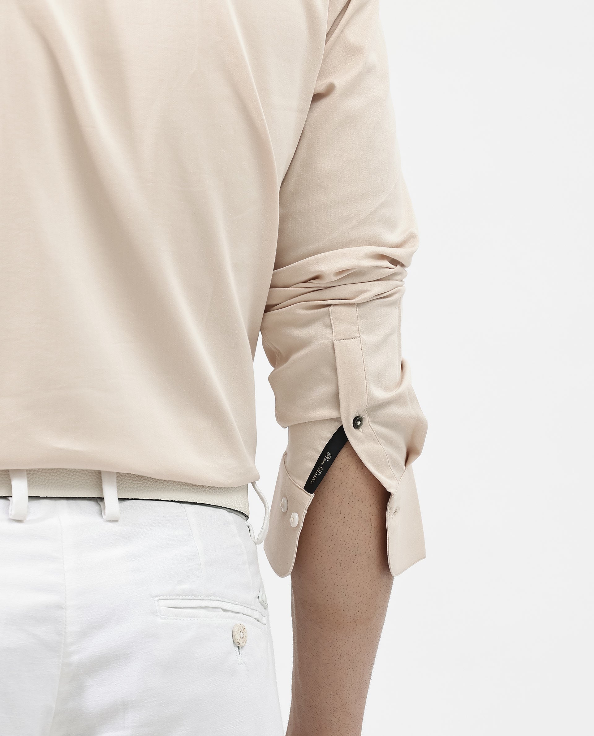 Rare Rabbit Men's Holand Light Beige Satin Fabric Full Sleeves Solid Shirt