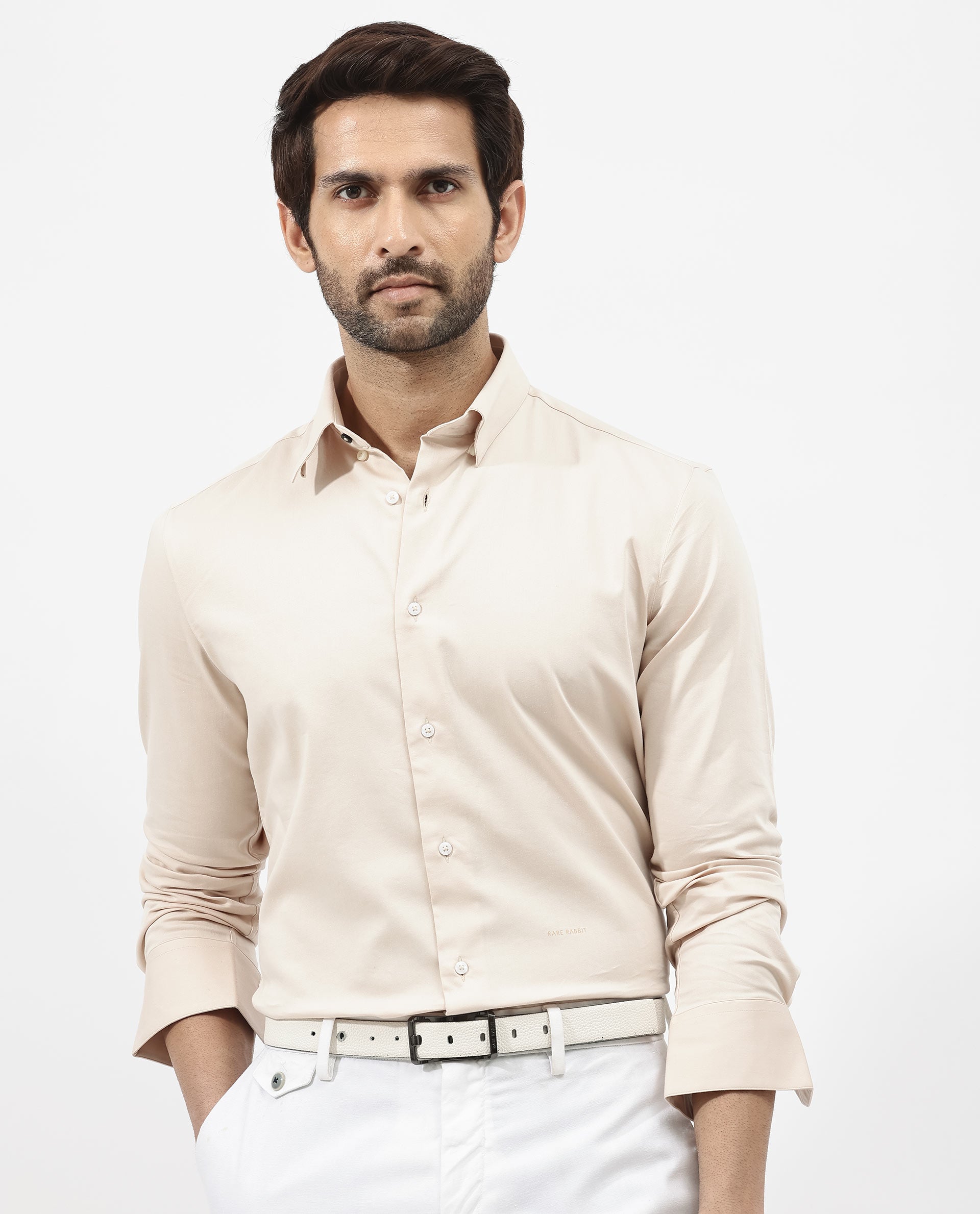 Rare Rabbit Men's Holand Light Beige Satin Fabric Full Sleeves Solid Shirt