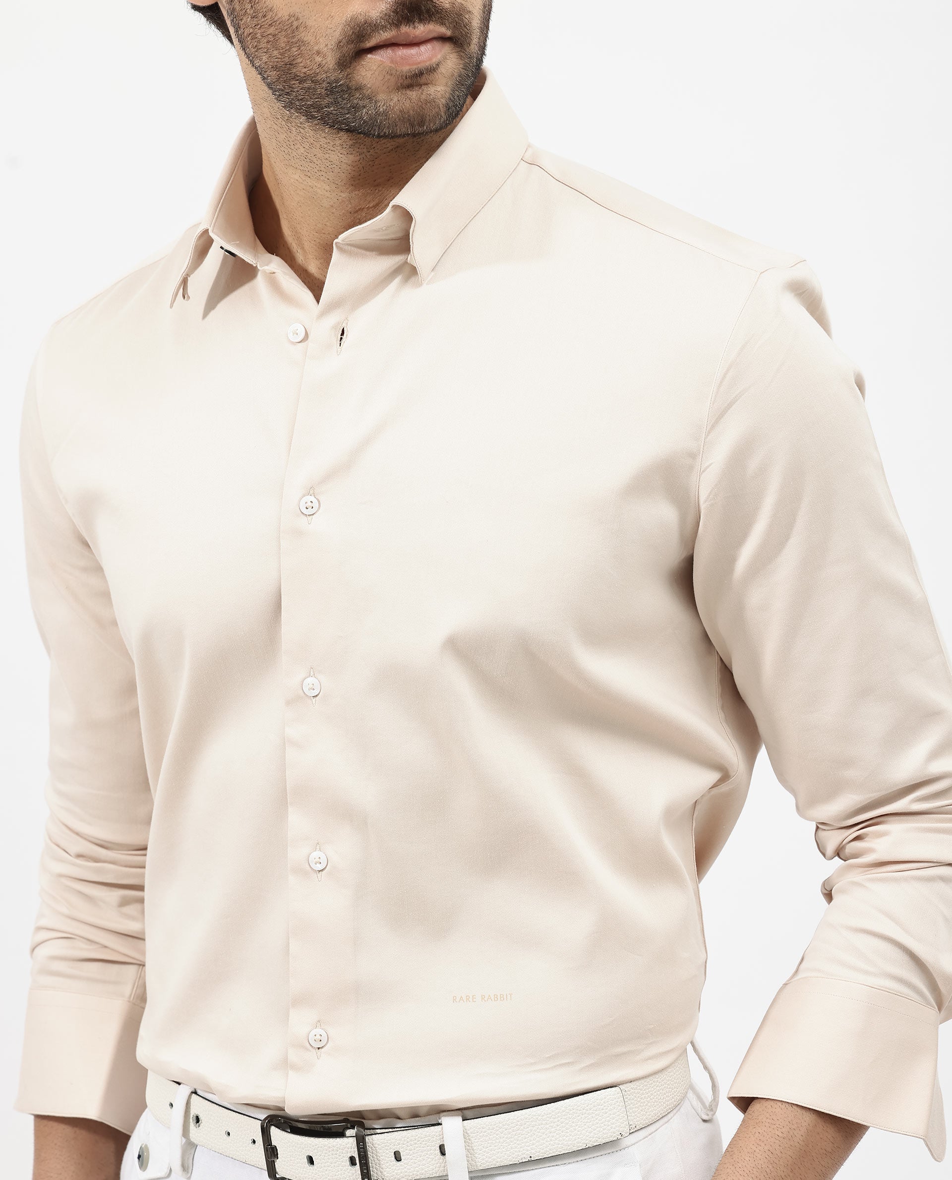 Rare Rabbit Men's Holand Light Beige Satin Fabric Full Sleeves Solid Shirt