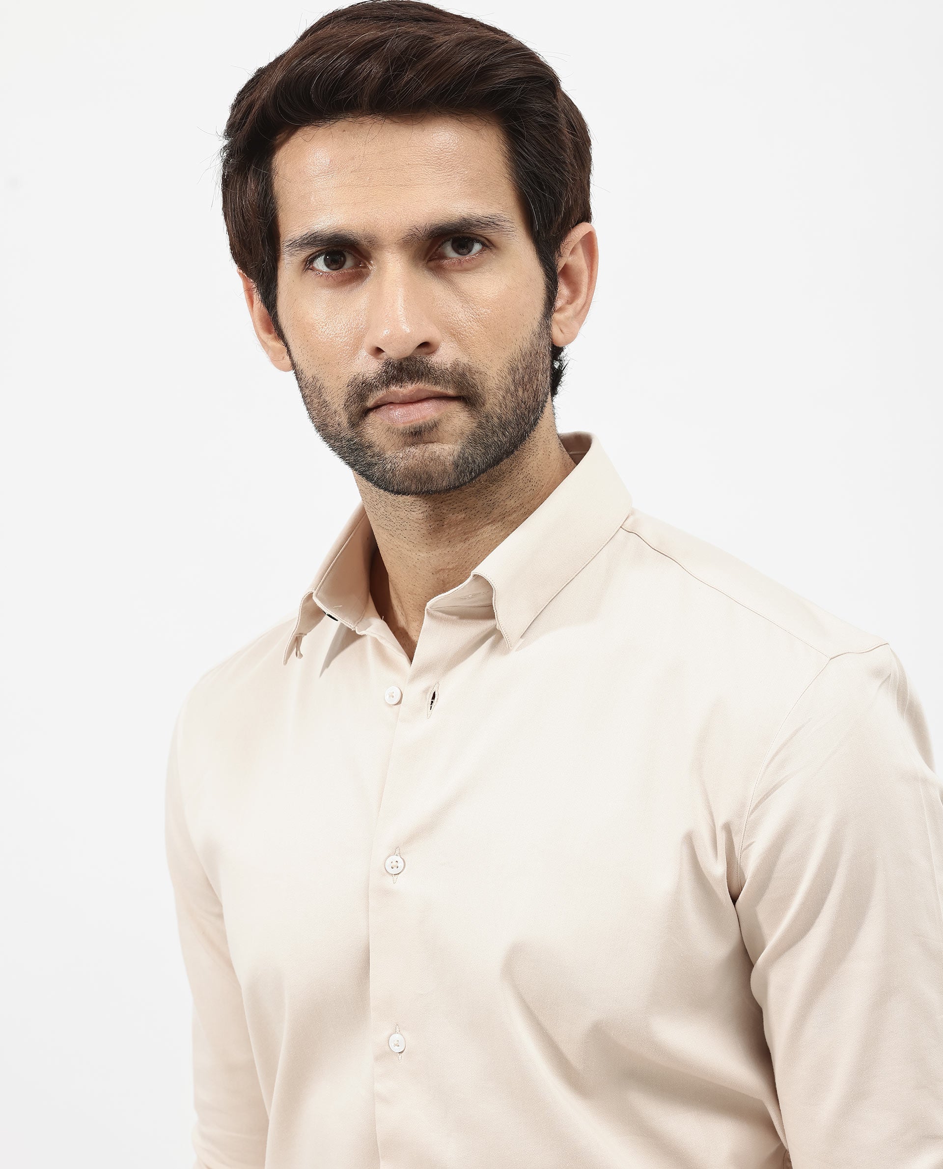 Rare Rabbit Men's Holand Light Beige Satin Fabric Full Sleeves Solid Shirt