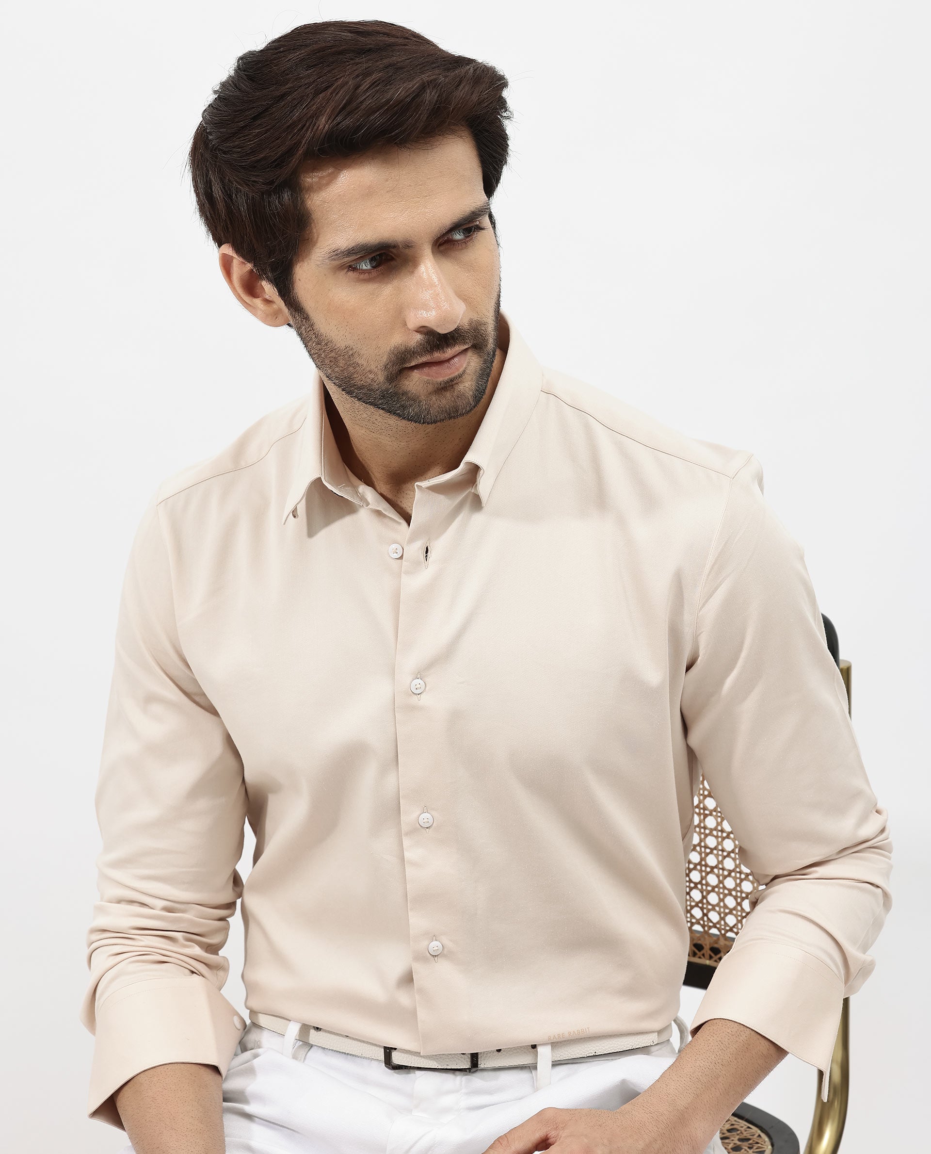 Rare Rabbit Men's Holand Light Beige Satin Fabric Full Sleeves Solid Shirt