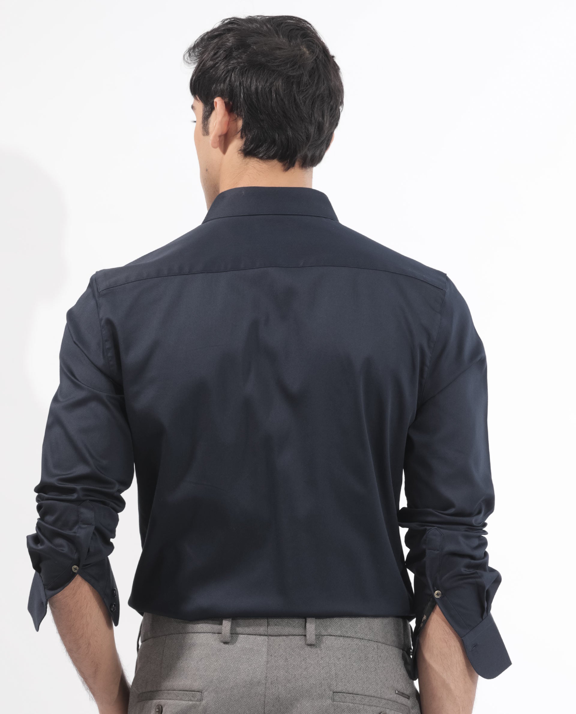 Rare Rabbit Men's Holand Navy Satin Fabric Full Sleeves Solid Shirt