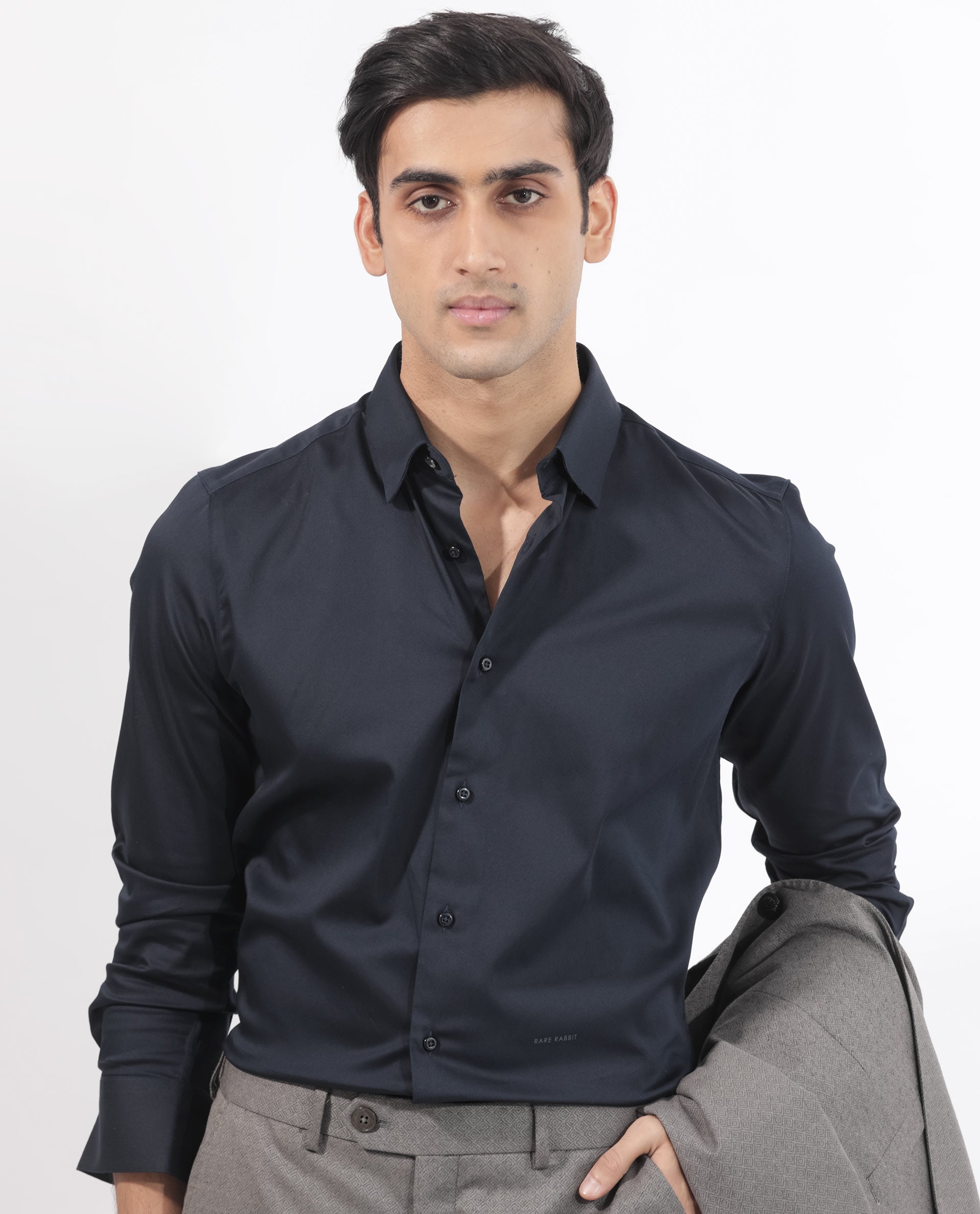 Rare Rabbit Men's Holand Navy Satin Fabric Full Sleeves Solid Shirt