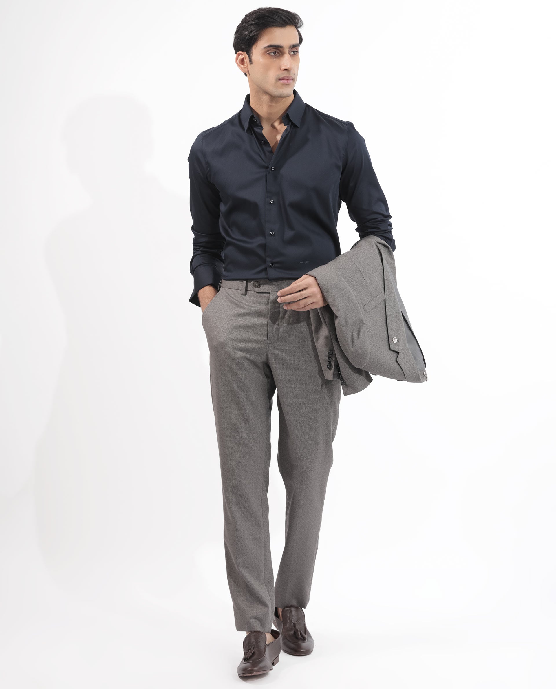 Rare Rabbit Men's Holand Navy Satin Fabric Full Sleeves Solid Shirt