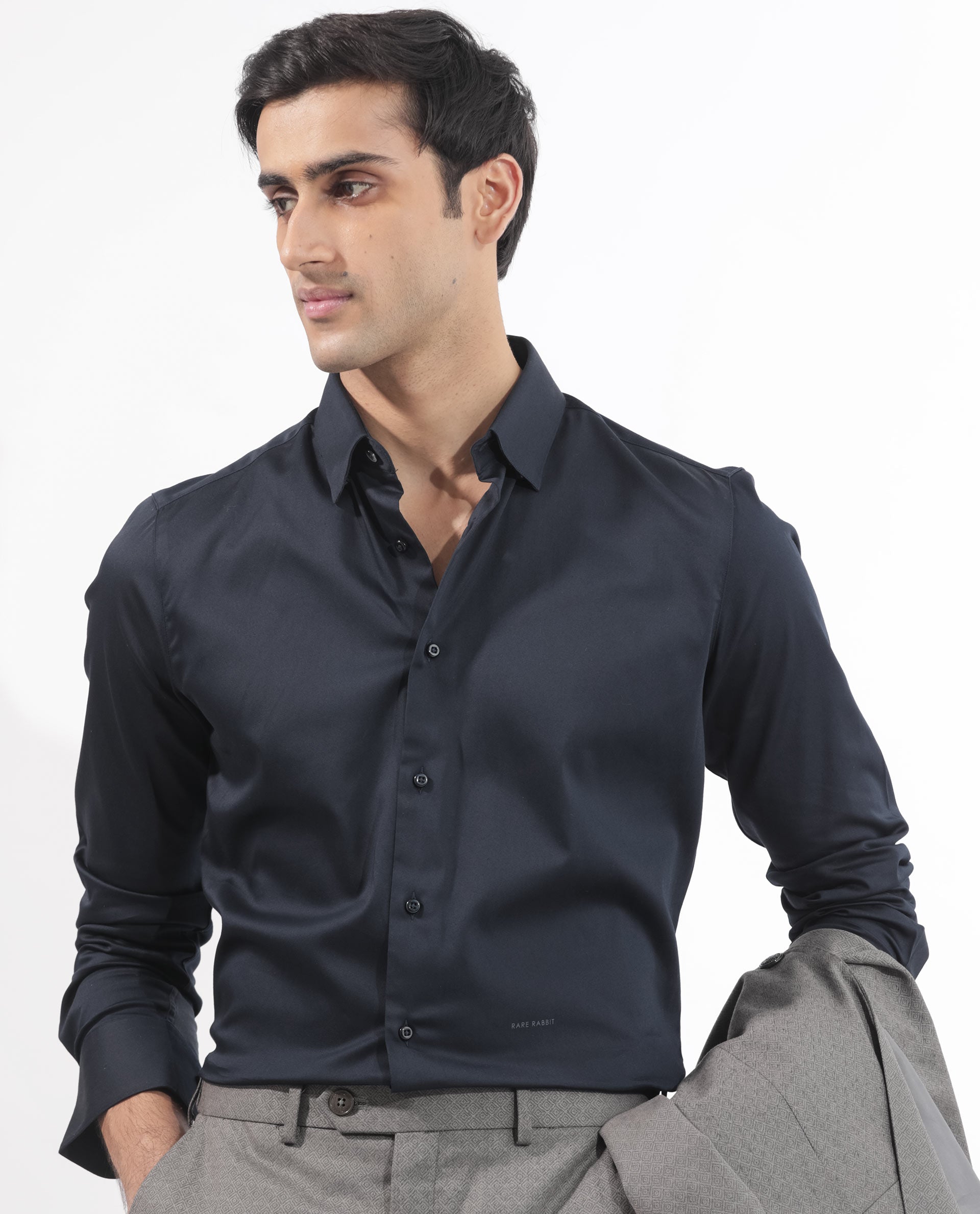 Rare Rabbit Men's Holand Navy Satin Fabric Full Sleeves Solid Shirt