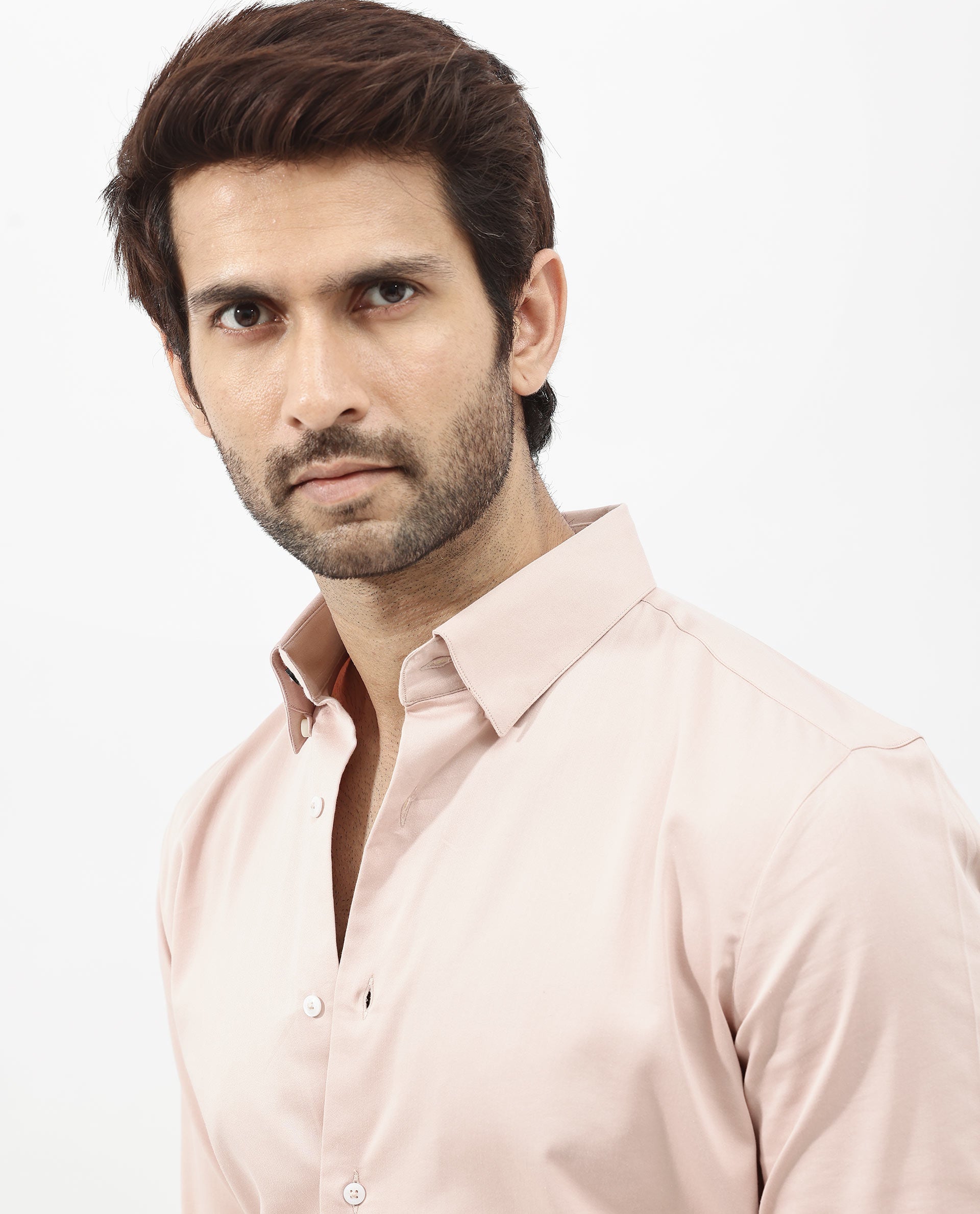 Rare Rabbit Men's Holand Pastel Pink Satin Fabric Full Sleeves Solid Shirt