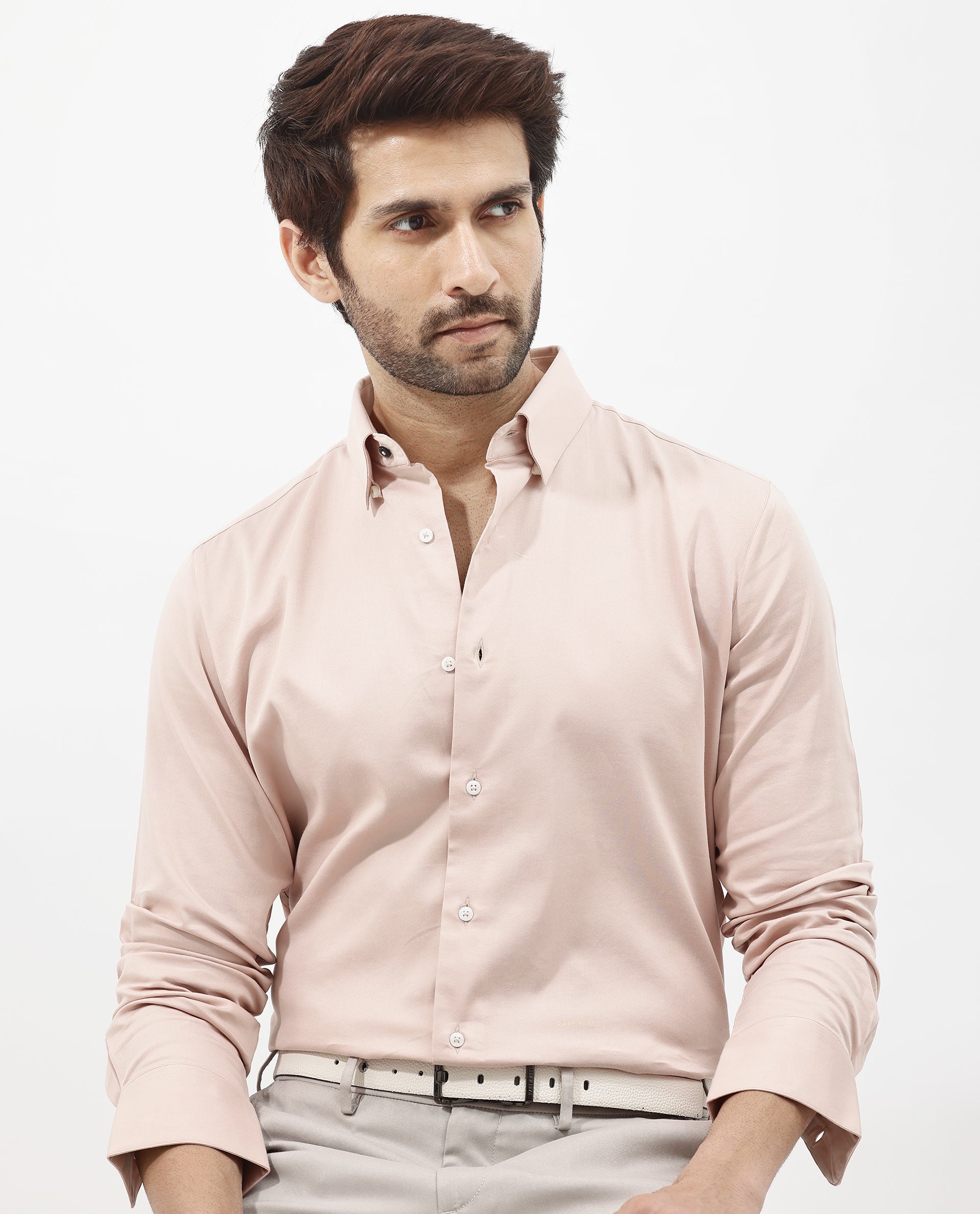 Rare Rabbit Men's Holand Pastel Pink Satin Fabric Full Sleeves Solid Shirt