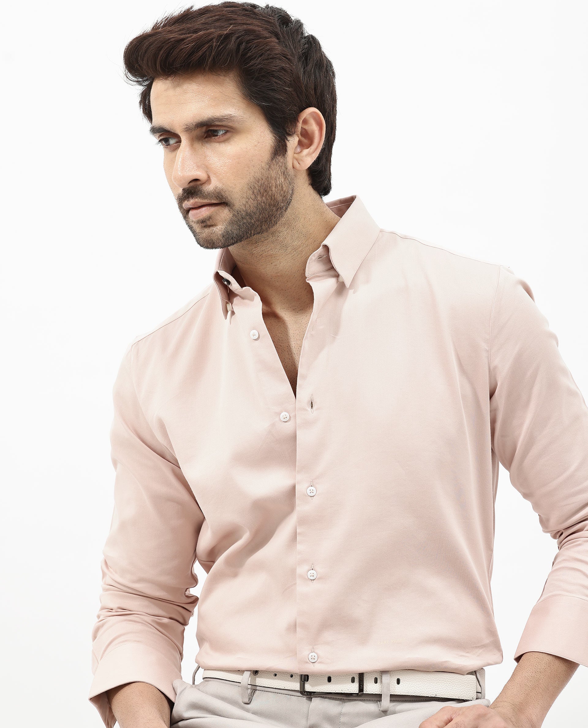 Rare Rabbit Men's Holand Pastel Pink Satin Fabric Full Sleeves Solid Shirt