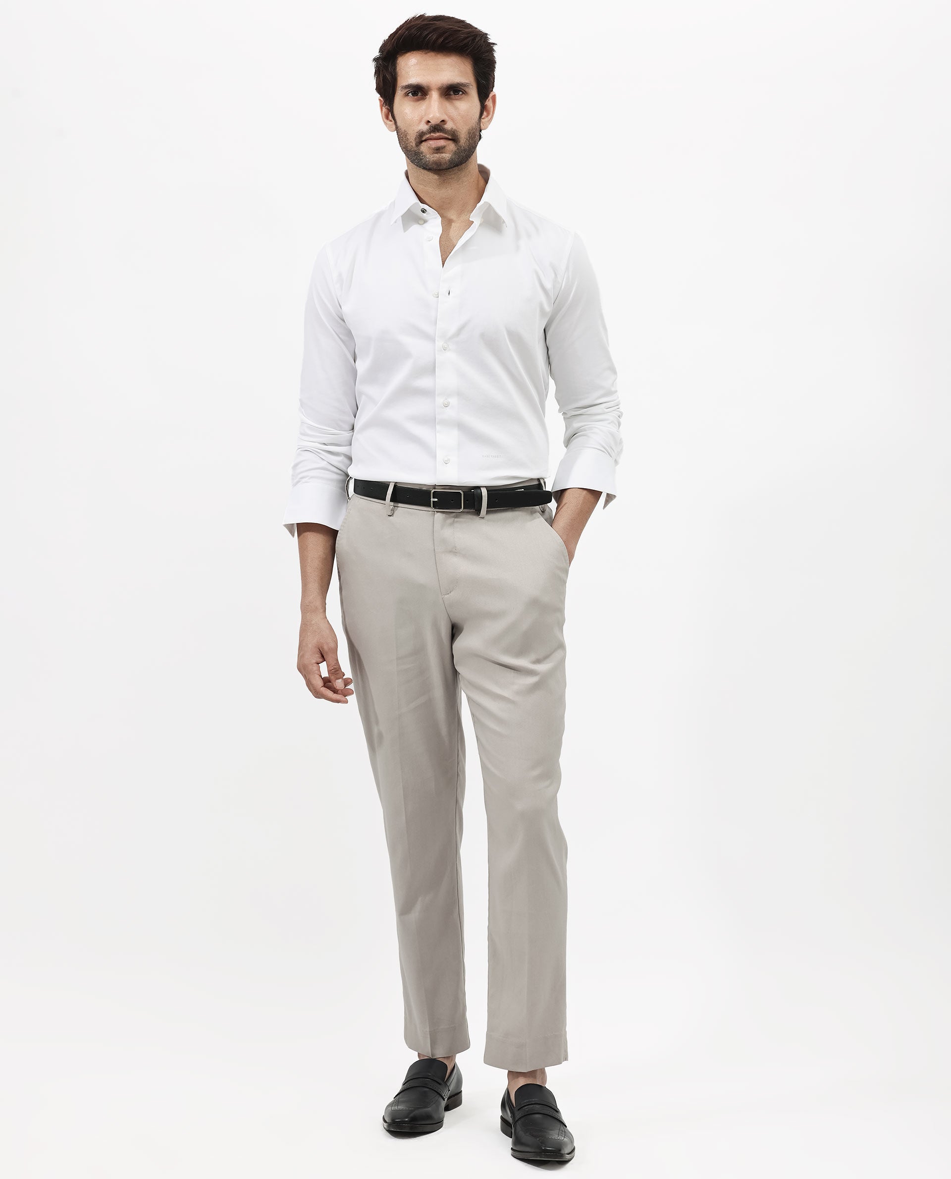 Rare Rabbit Men's Holand White Satin Fabric Full Sleeves Solid Shirt