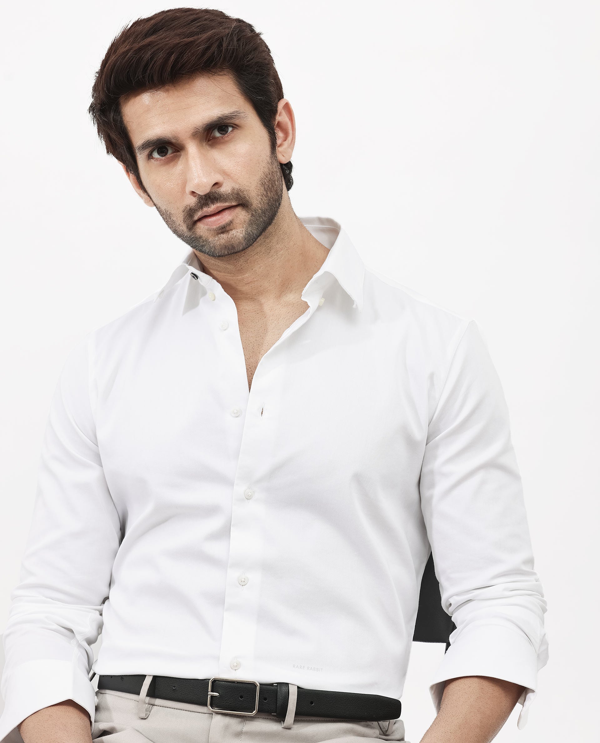 Rare Rabbit Men's Holand White Satin Fabric Full Sleeves Solid Shirt