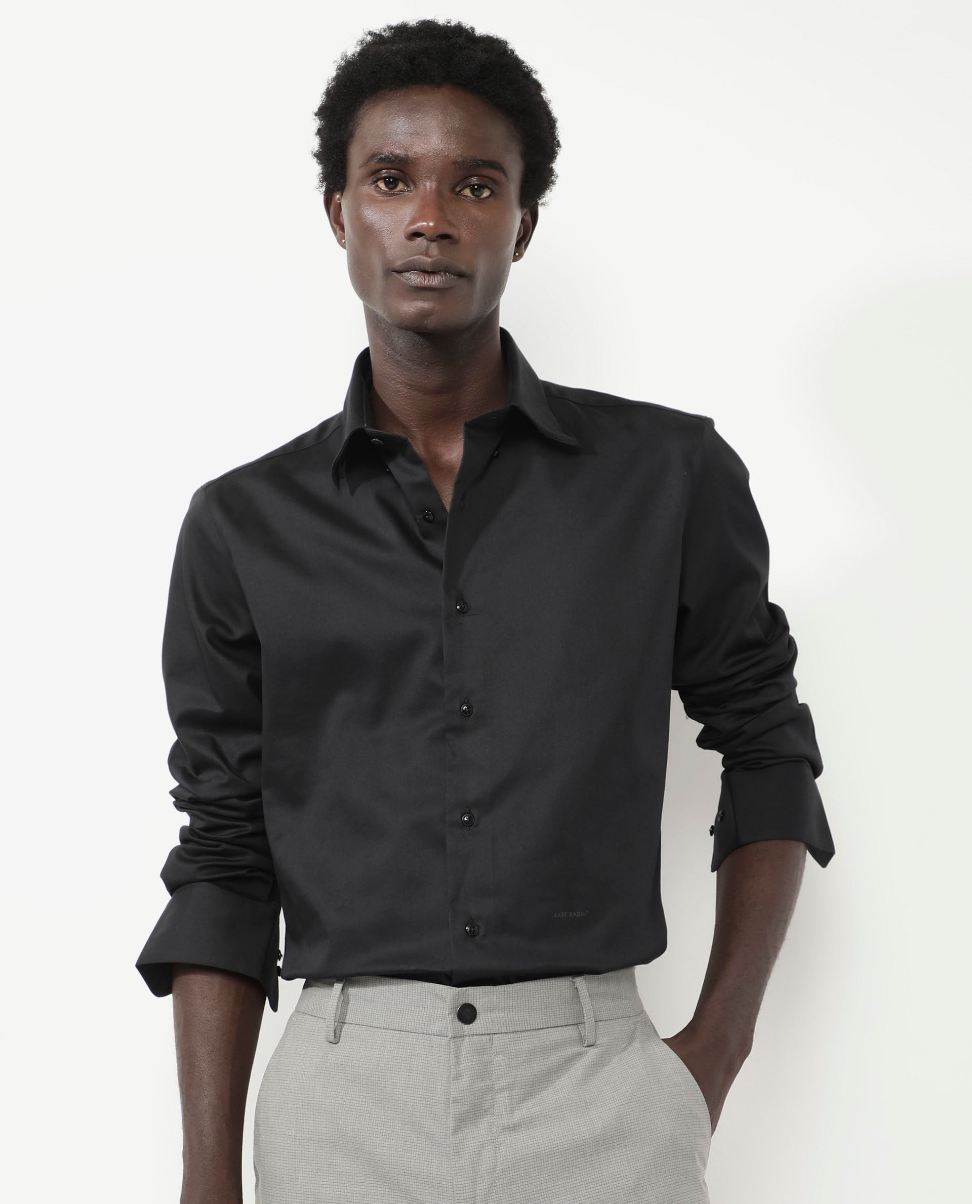 Rare Rabbit Men's Holand Black Satin Fabric Full Sleeves Solid Shirt