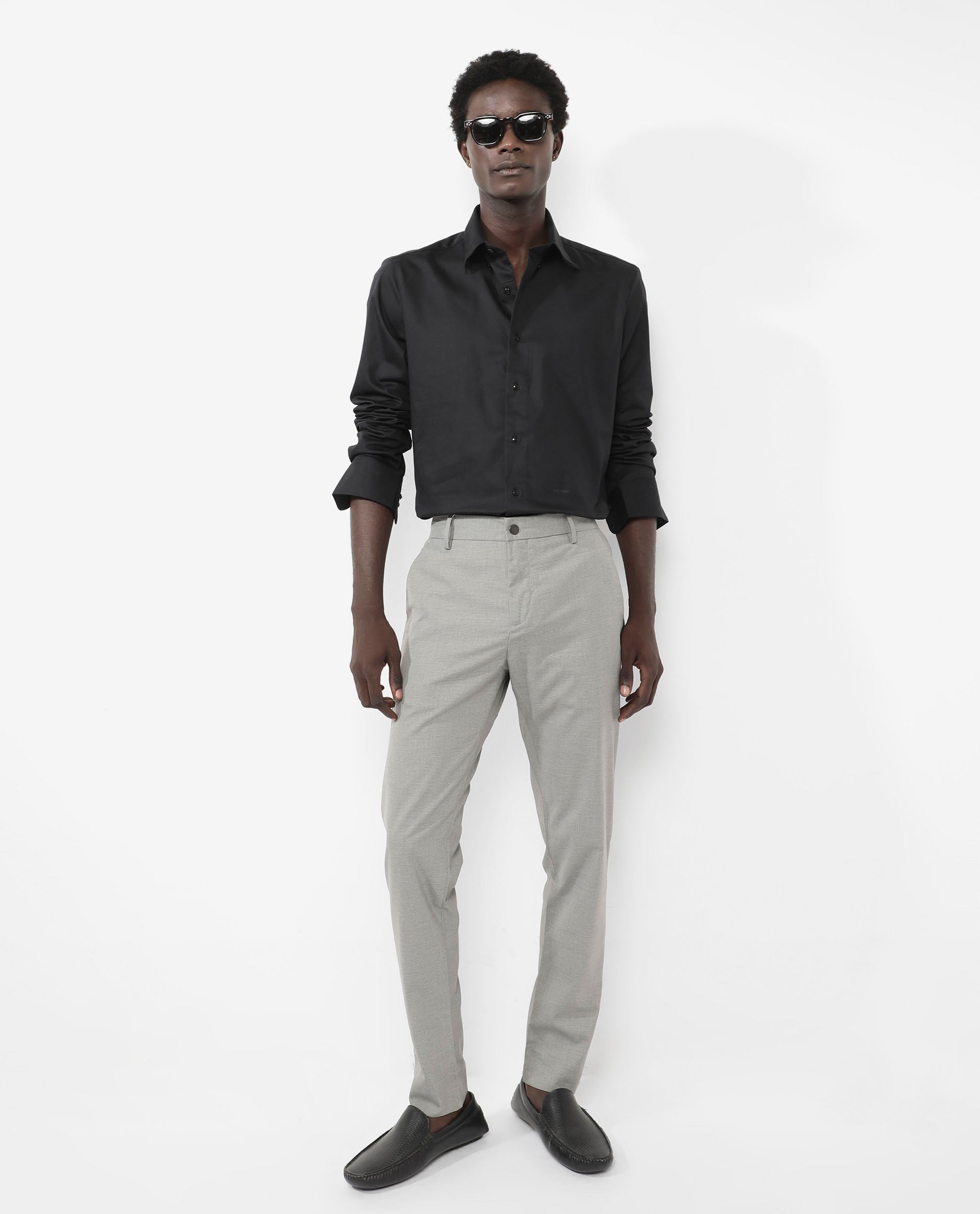 Rare Rabbit Men's Holand Black Satin Fabric Full Sleeves Solid Shirt