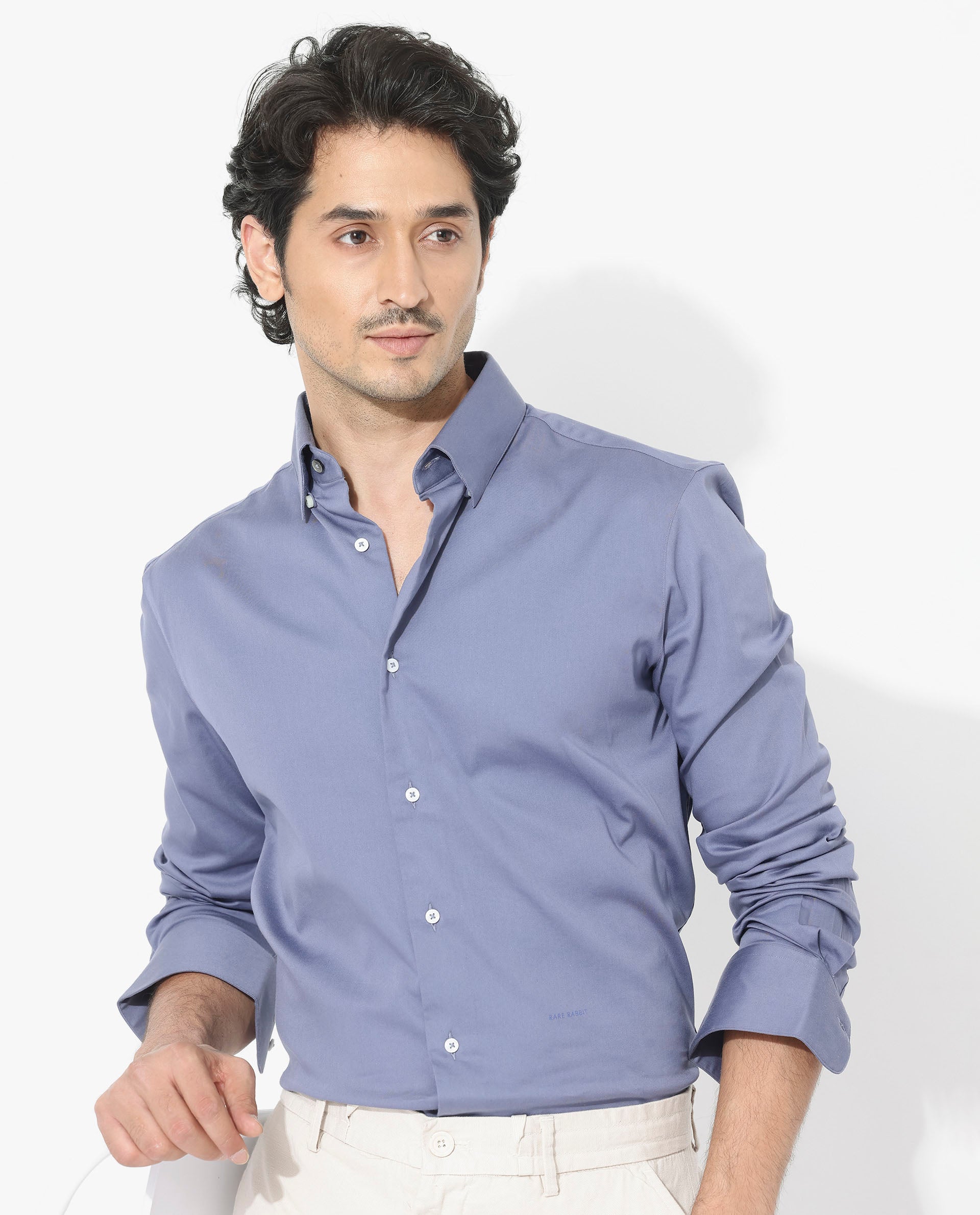 Rare Rabbit Men's Holand Dusky Purple Satin Fabric Full Sleeves Solid Shirt