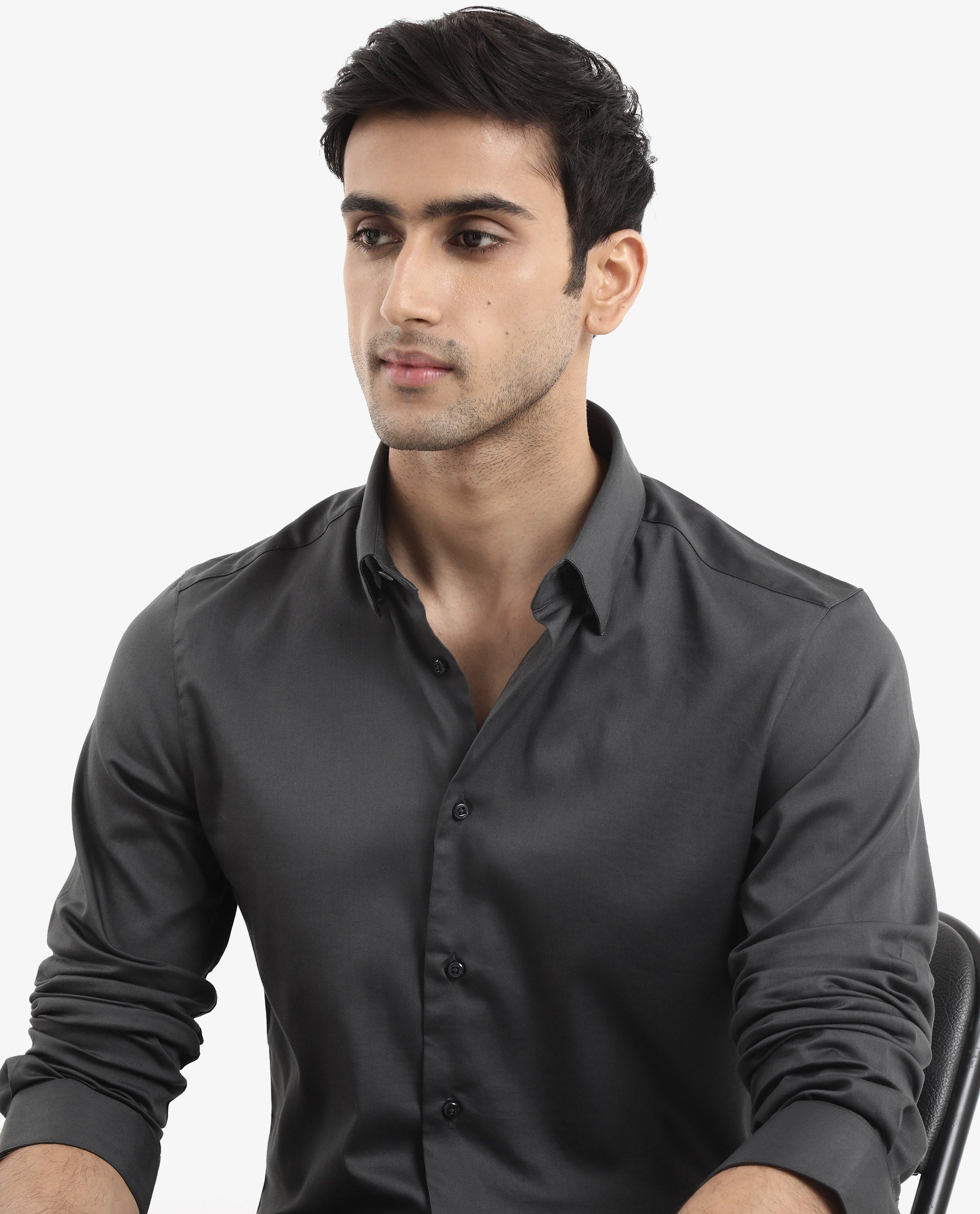 Rare Rabbit Men's Holand Grey Satin Fabric Full Sleeves Solid Shirt