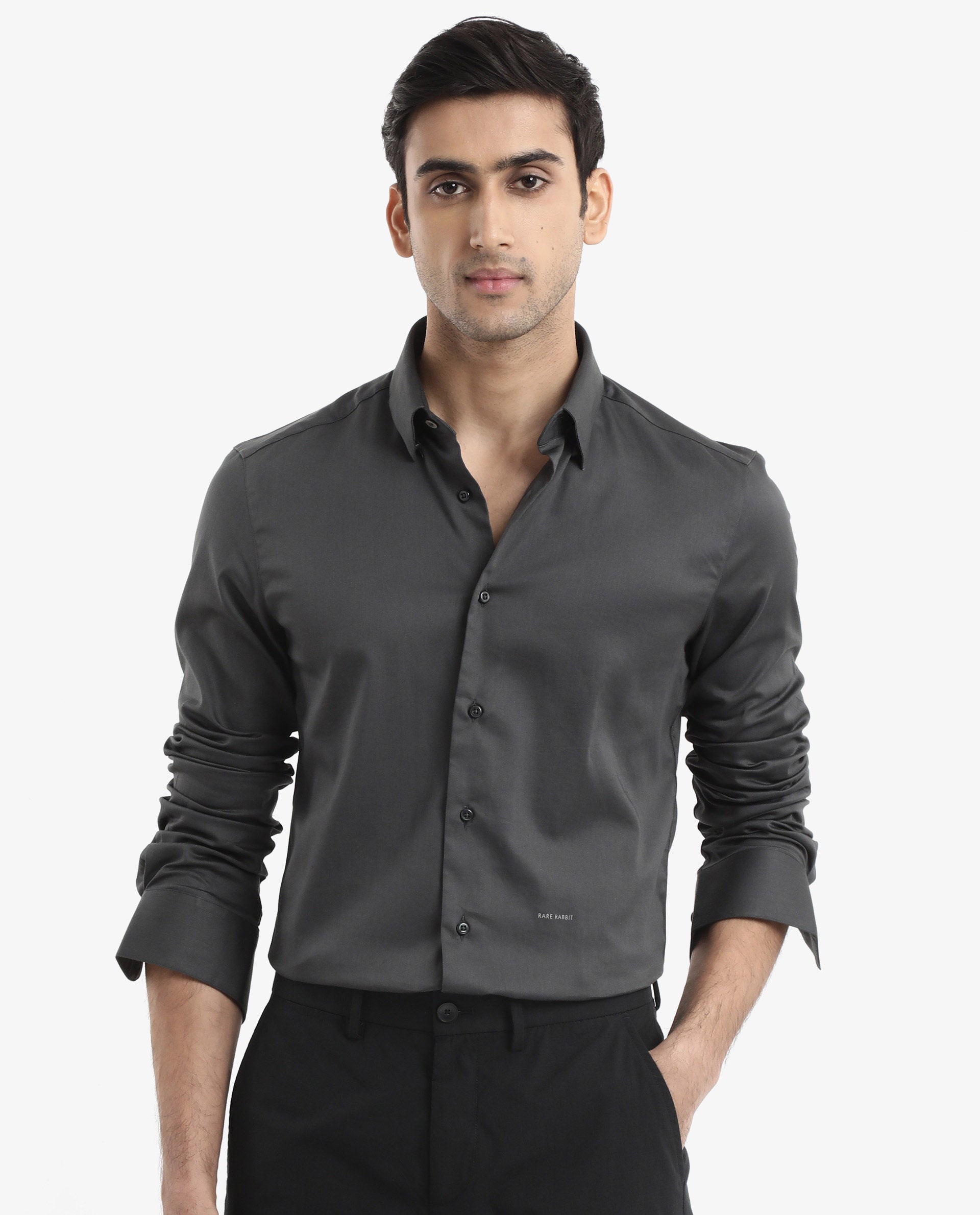 Rare Rabbit Men's Holand Grey Satin Fabric Full Sleeves Solid Shirt