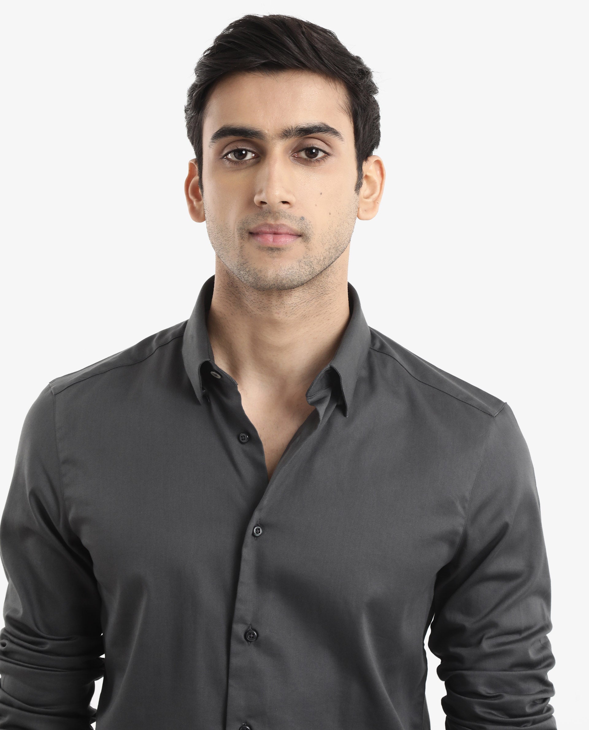 Rare Rabbit Men's Holand Grey Satin Fabric Full Sleeves Solid Shirt