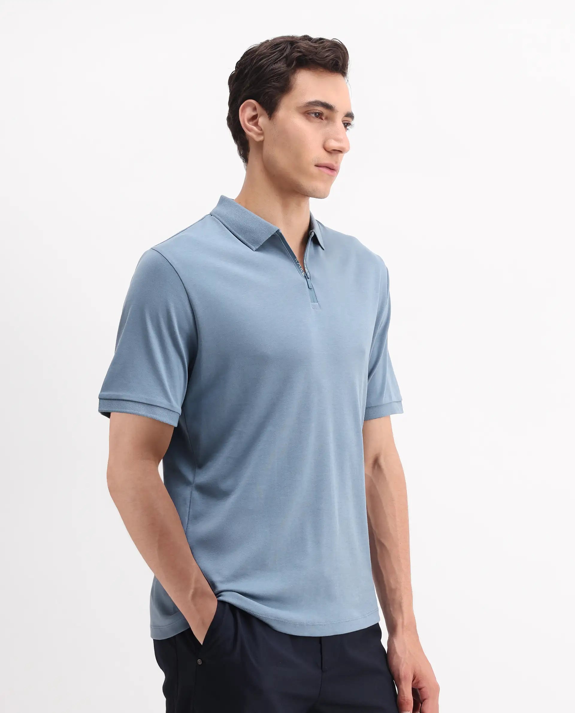 Rare Rabbit Men's Holit-1 Dark Blue Cotton Plain Regular Fit Half Sleeve Polo