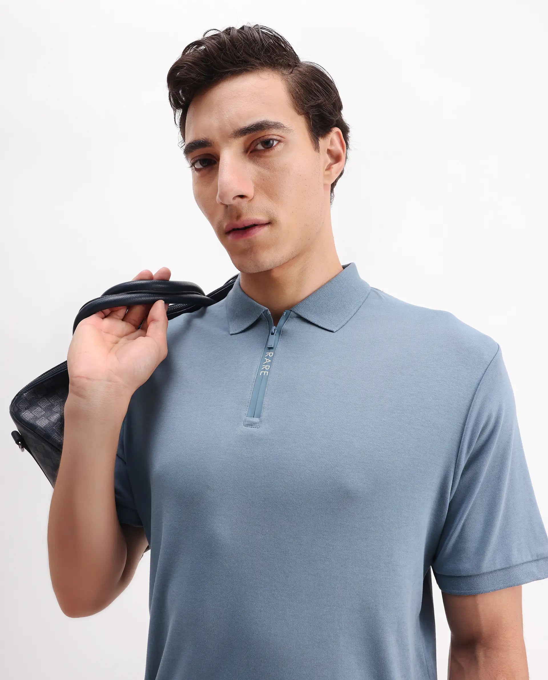 Rare Rabbit Men's Holit-1 Dark Blue Cotton Plain Regular Fit Half Sleeve Polo