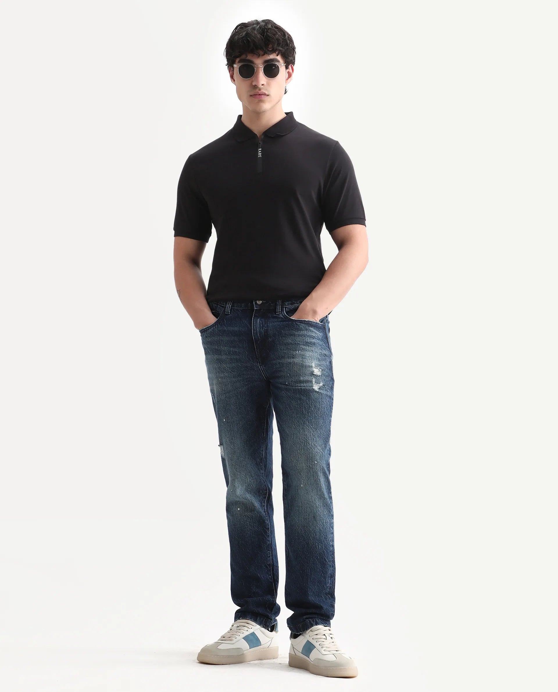 Rare Rabbit Men's Holit Black Cotton Plain Regular Fit Half Sleeve Polo
