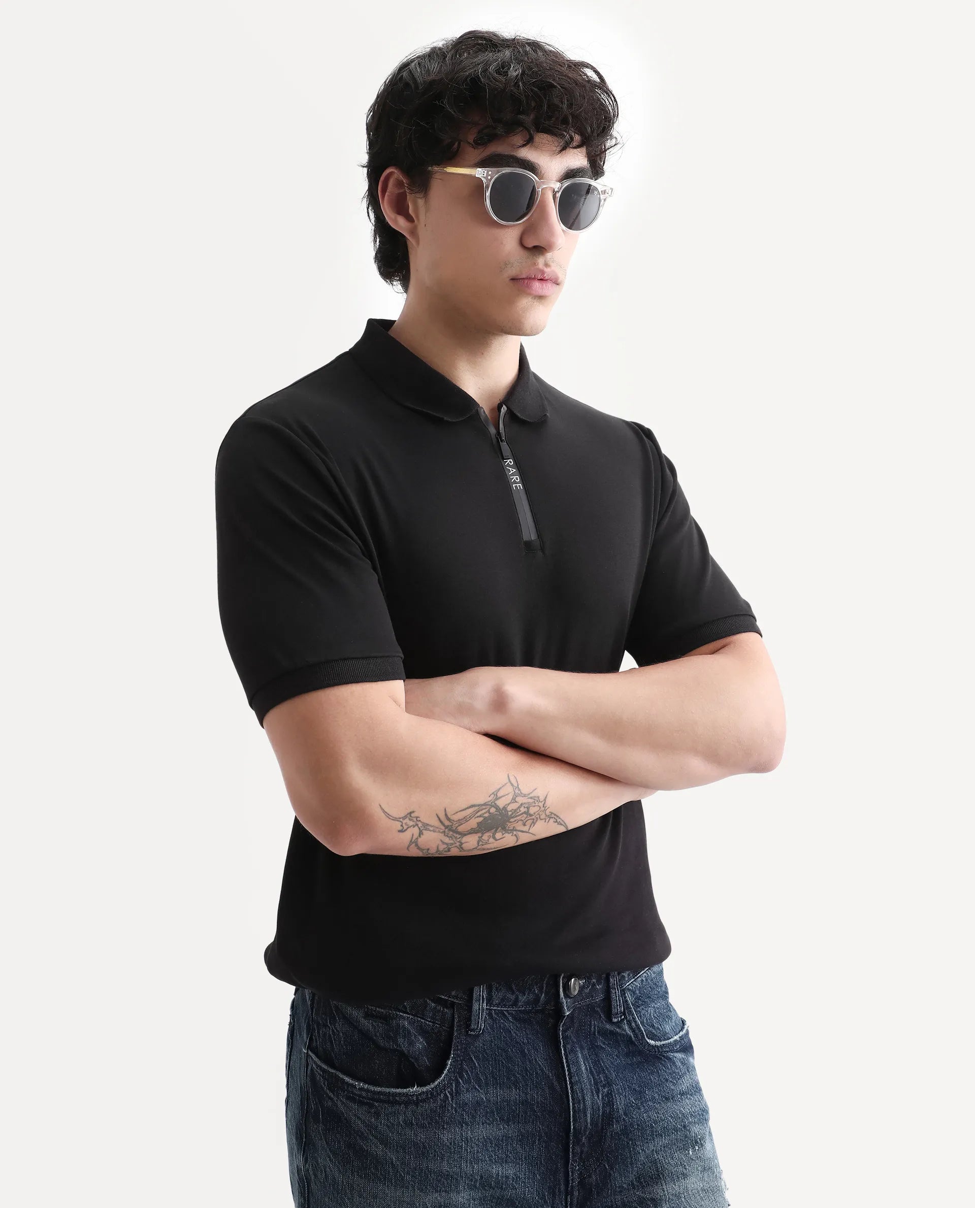 Rare Rabbit Men's Holit Black Cotton Plain Regular Fit Half Sleeve Polo
